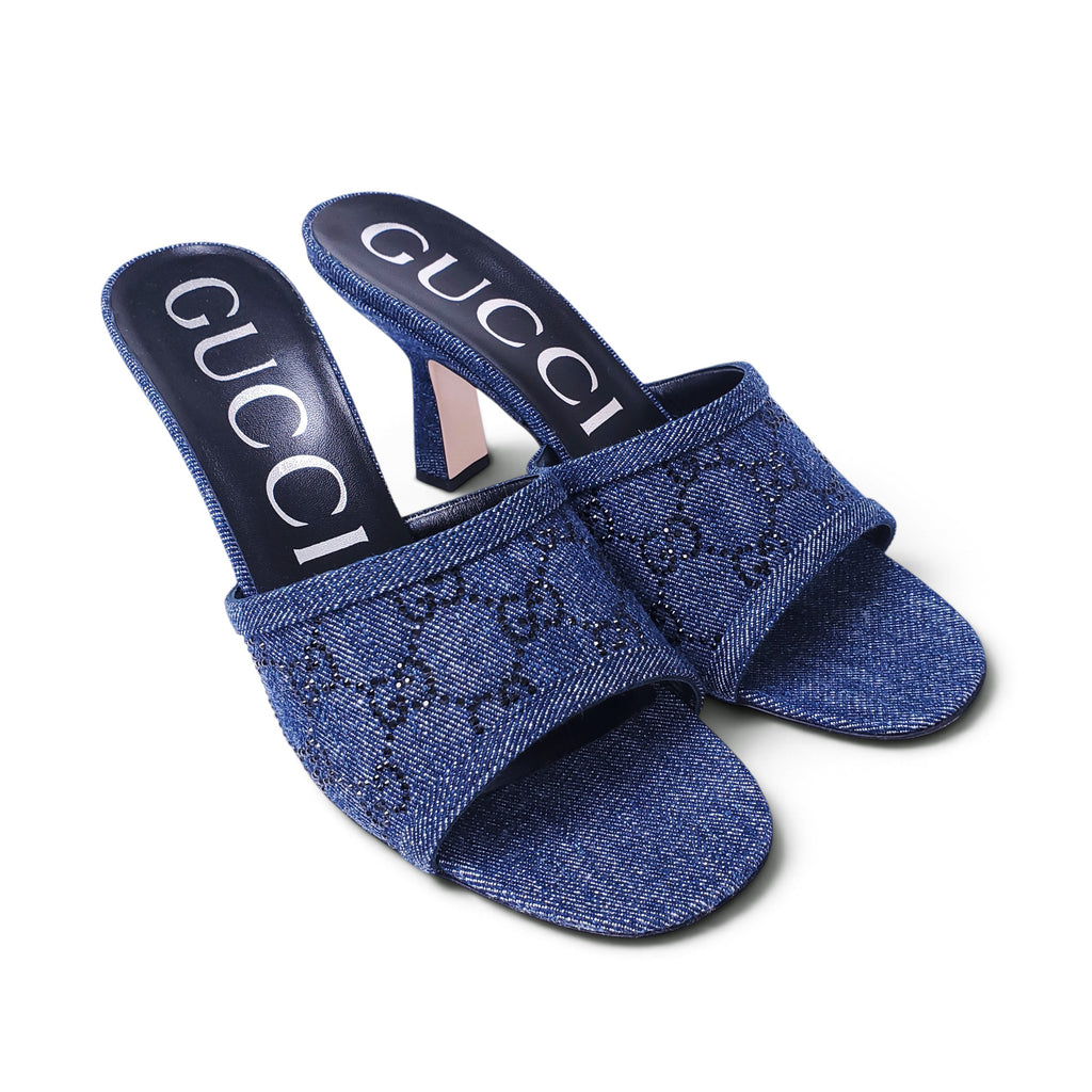 GUCCI DENIM CRYSTAL LOGO HEELS - SIZE 39