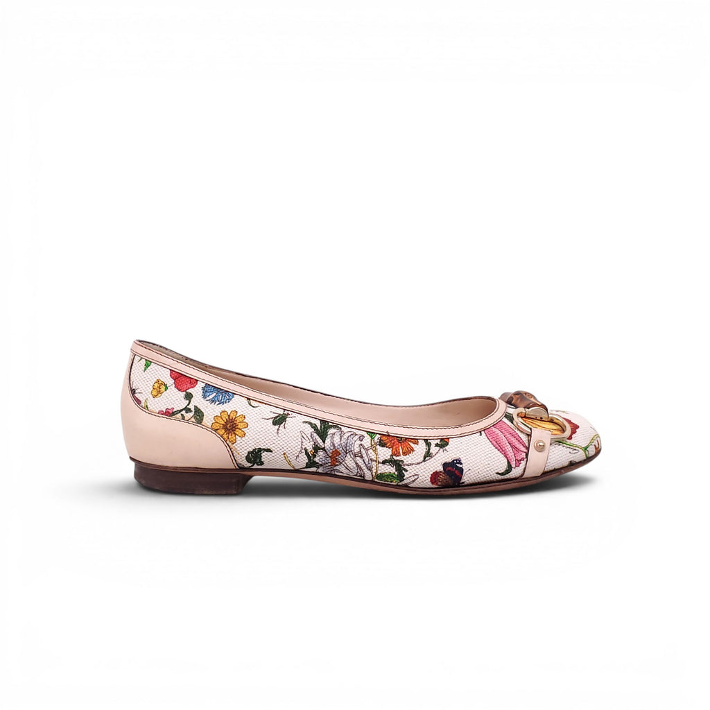 GUCCI FLORAL FLATS WITH BAMBOO DETAIL - SIZE 7.5