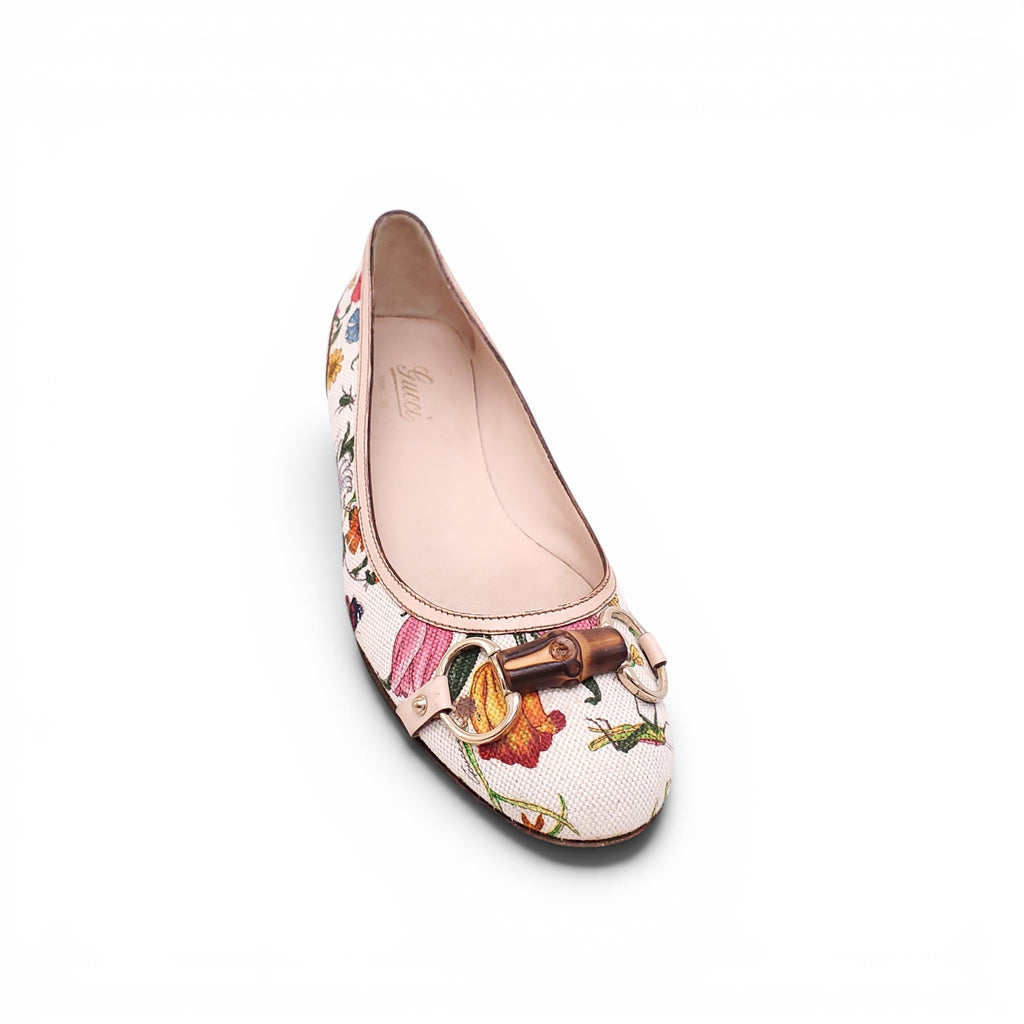 GUCCI FLORAL FLATS WITH BAMBOO DETAIL - SIZE 7.5