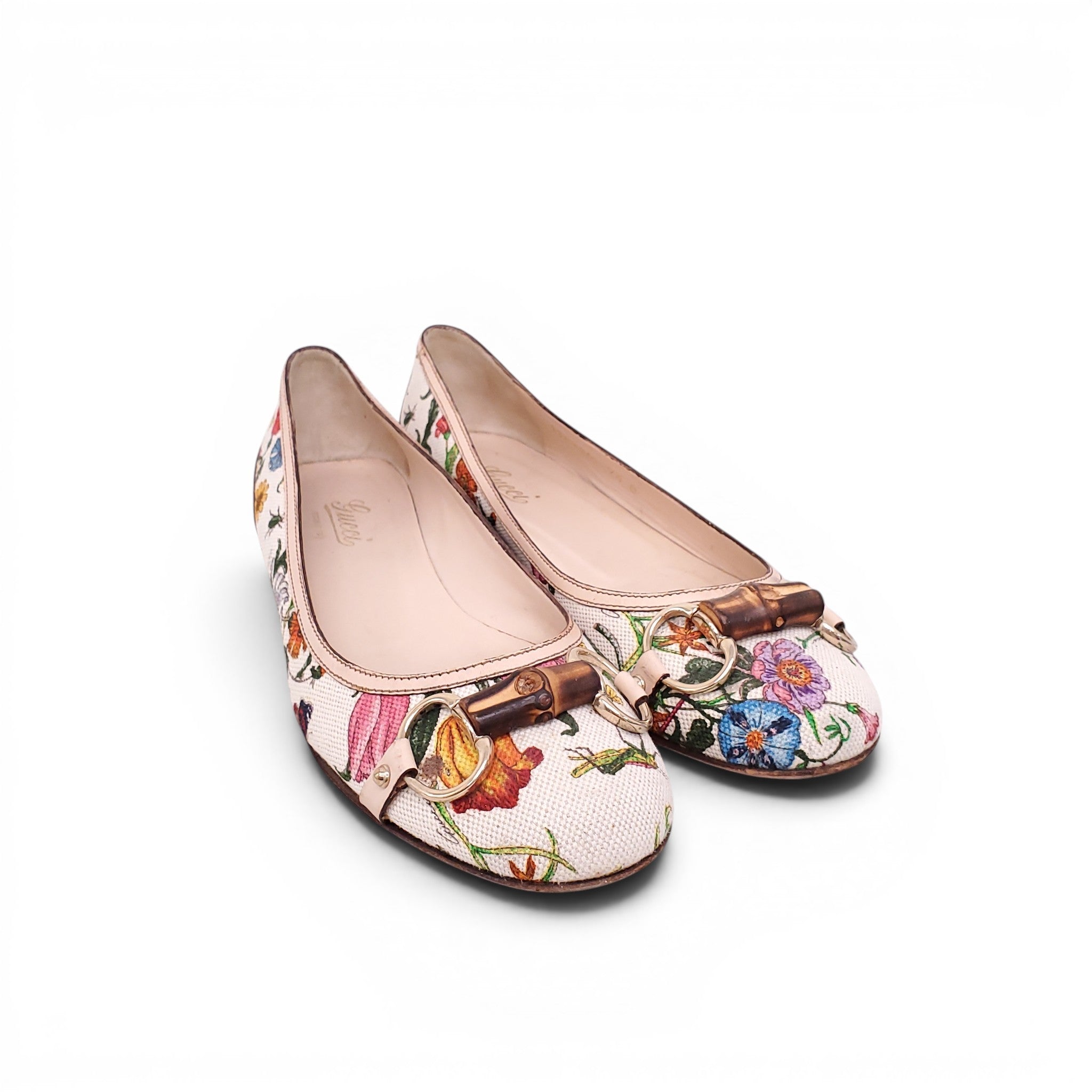 GUCCI FLORAL FLATS WITH BAMBOO DETAIL - SIZE 7.5