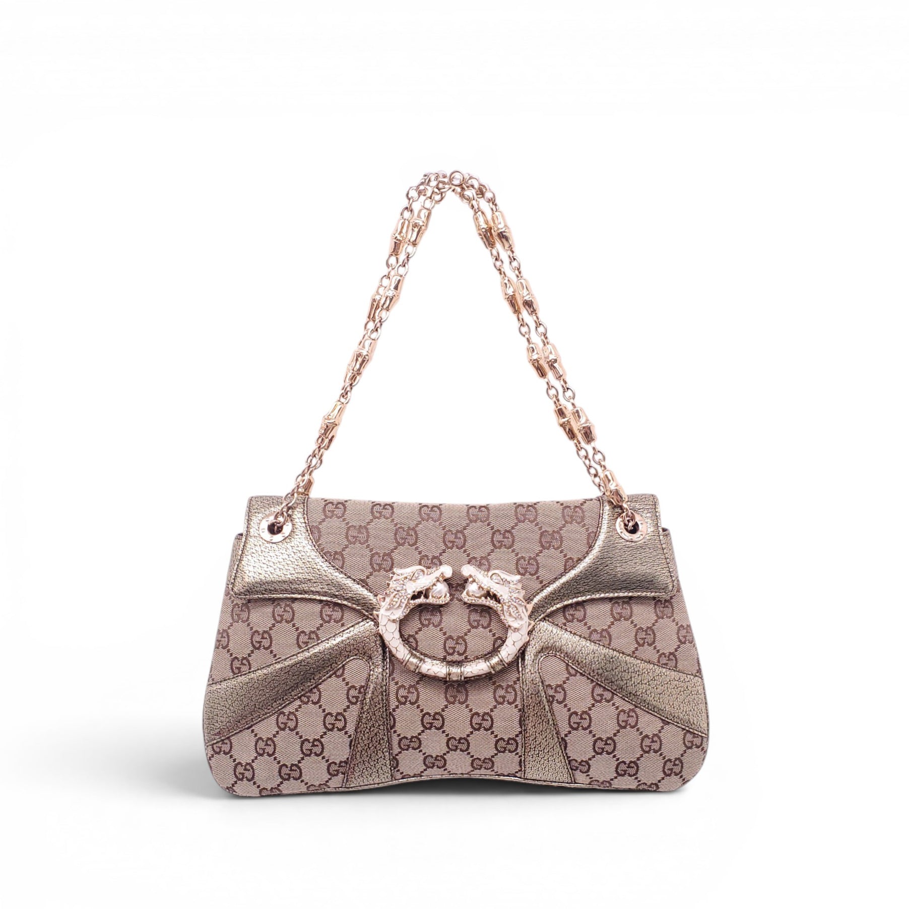 GUCCI GG MONOGRAM CANVAS AND LEATHER TRIM BAG WITH DRAGON EMBLEM