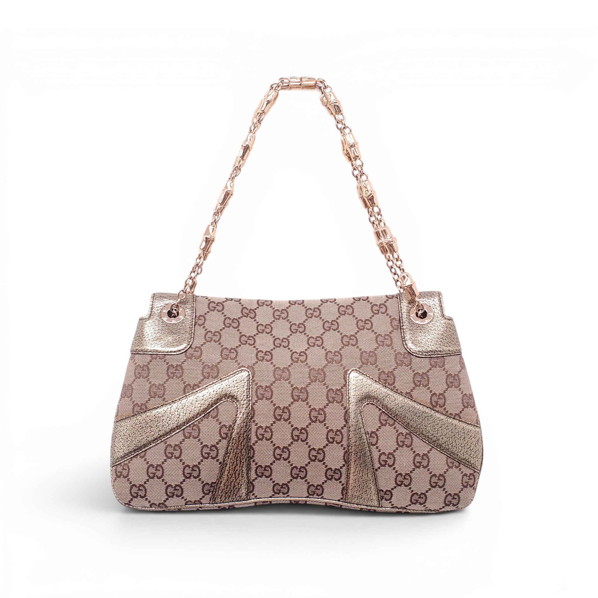 GUCCI GG MONOGRAM CANVAS AND LEATHER TRIM BAG WITH DRAGON EMBLEM