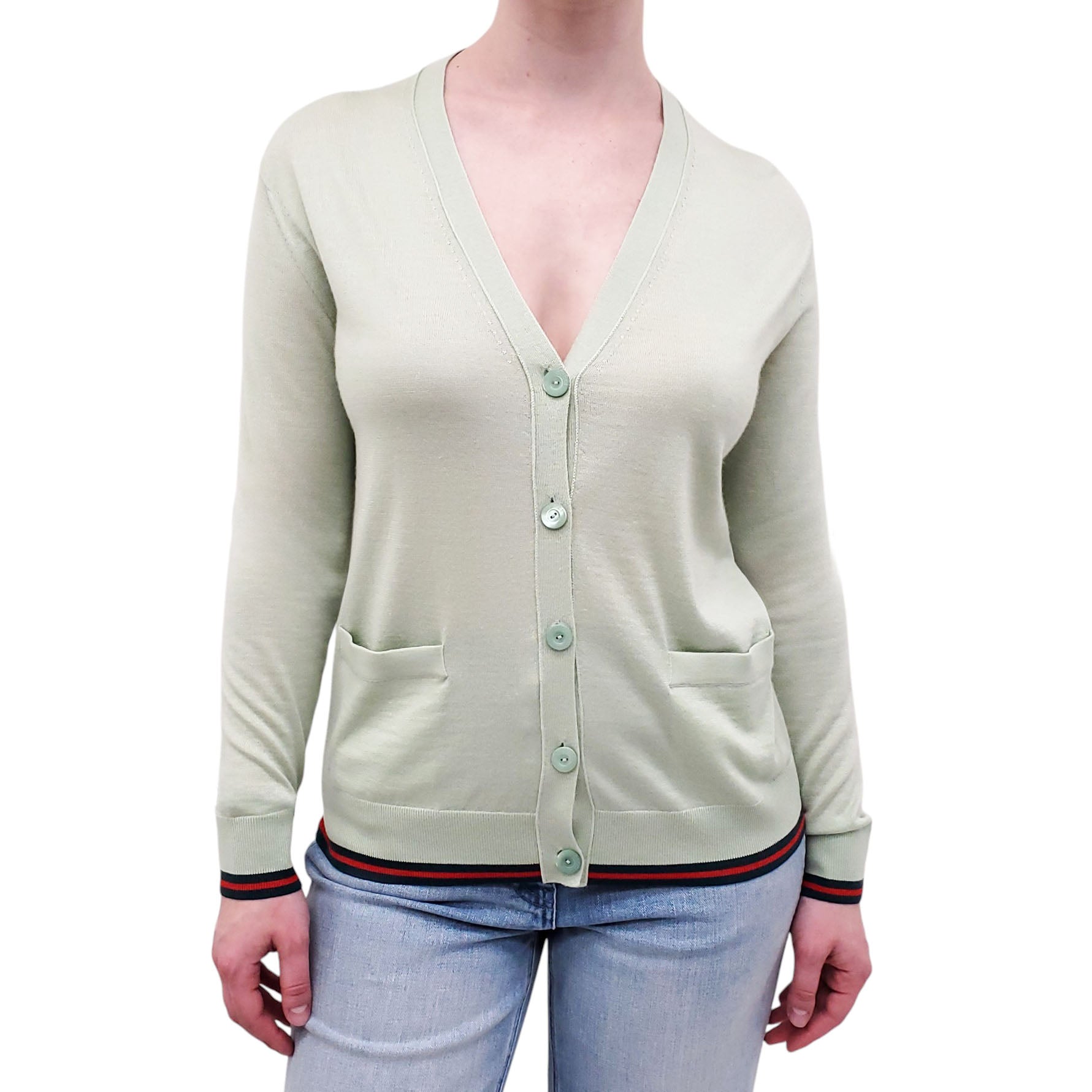 GUCCI GREEN CASHMERE & SILK LIGHTWEIGHT CARDIGAN WITH RIBBON STRIPE - SIZE XS