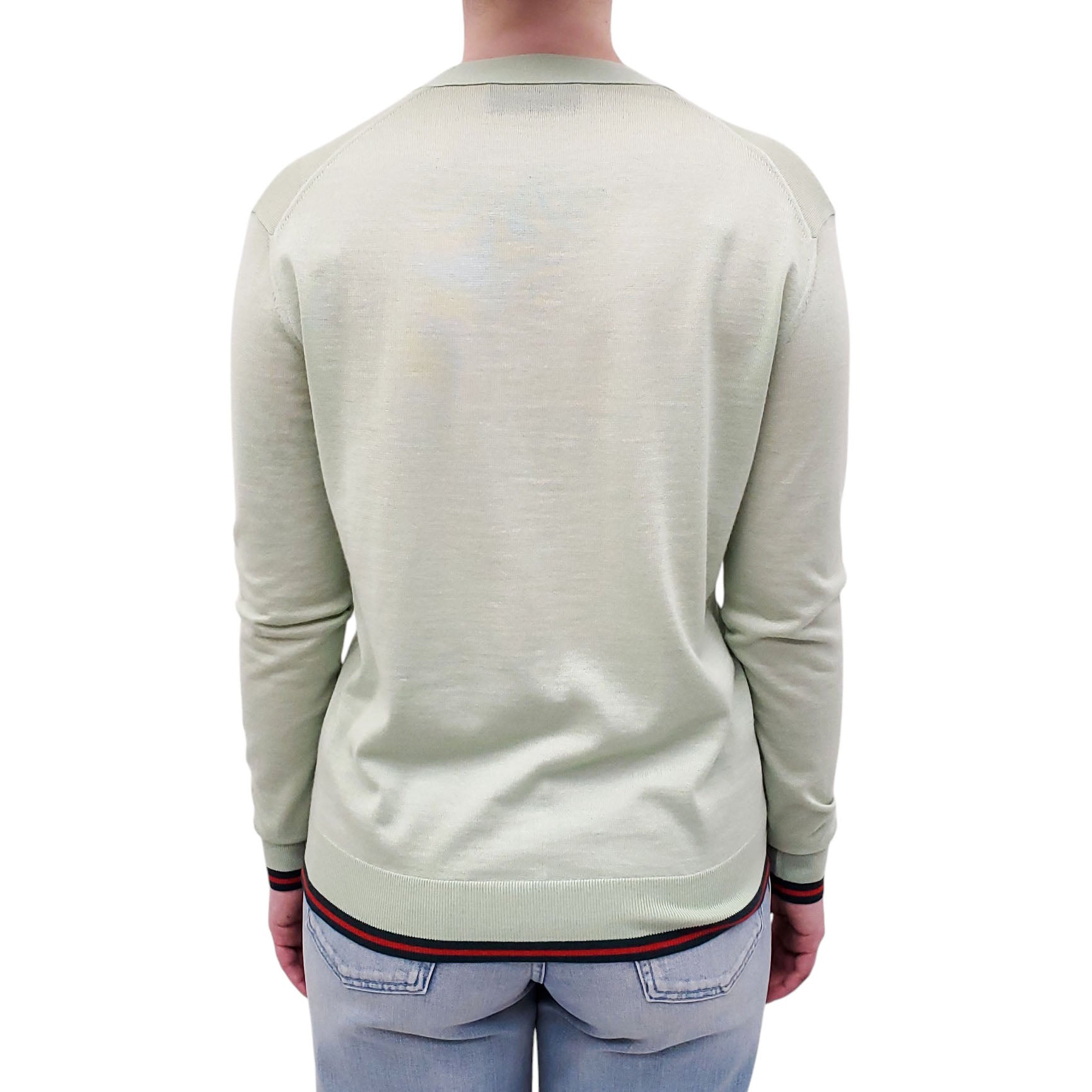 GUCCI GREEN CASHMERE & SILK LIGHTWEIGHT CARDIGAN WITH RIBBON STRIPE - SIZE XS