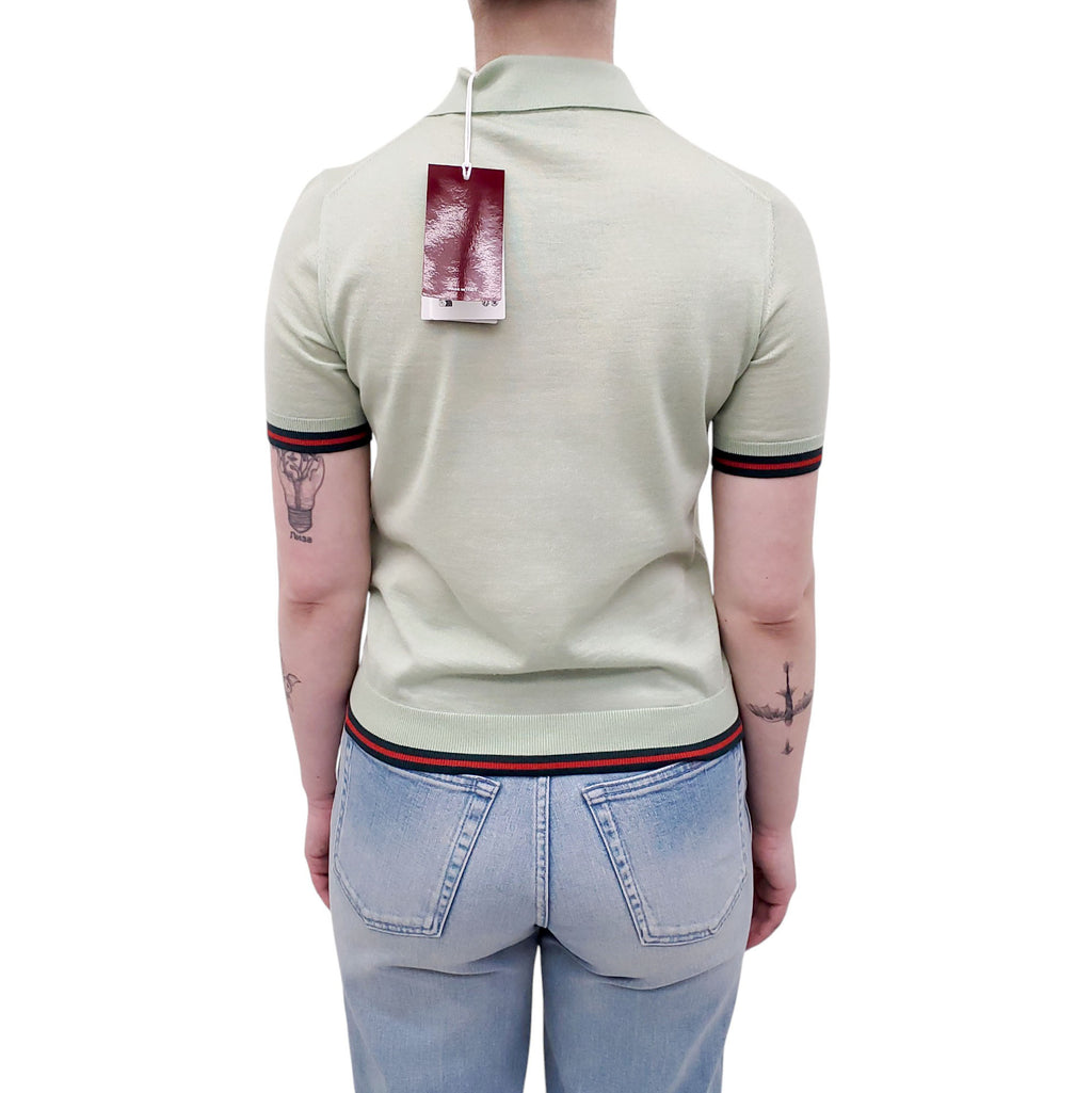 GUCCI GREEN POLO SHORT-SLEEVE SWEATER WITH RIBBON STRIPE - SIZE XS