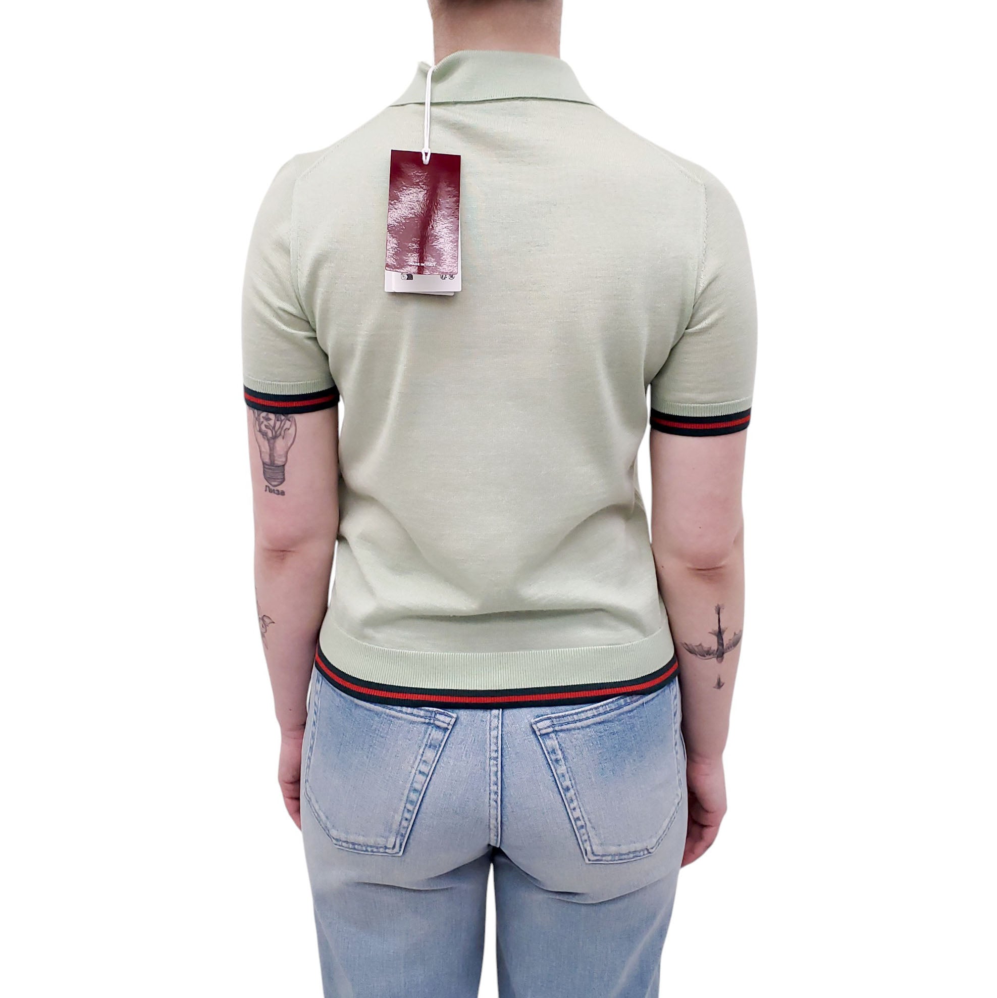 GUCCI GREEN POLO SHORT-SLEEVE SWEATER WITH RIBBON STRIPE - SIZE XS