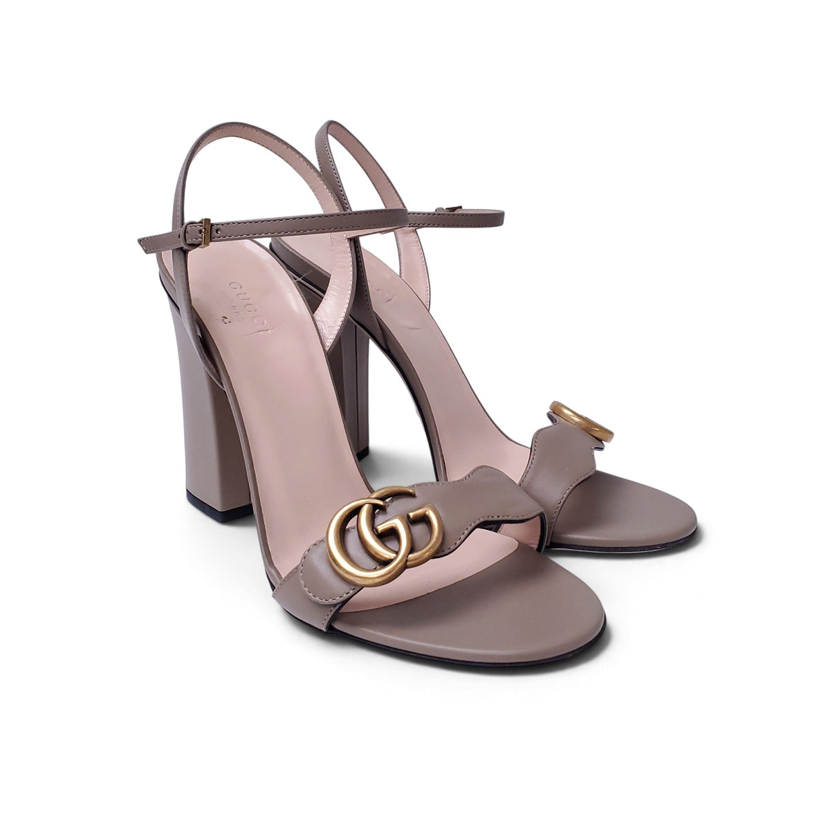 GUCCI MARMONT KHAKI LEATHER HEELS WITH GOLD LOGO - SIZE 39