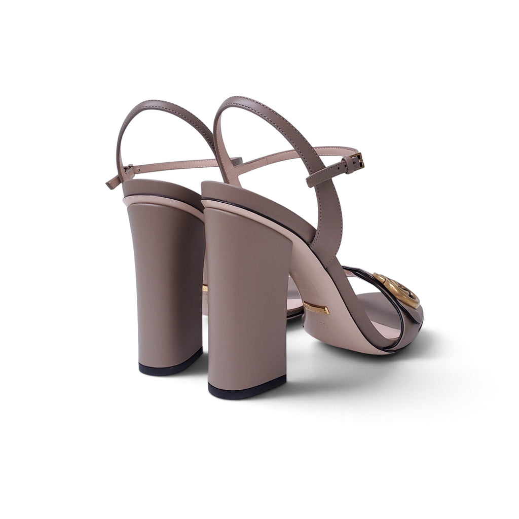 GUCCI MARMONT KHAKI LEATHER HEELS WITH GOLD LOGO - SIZE 39