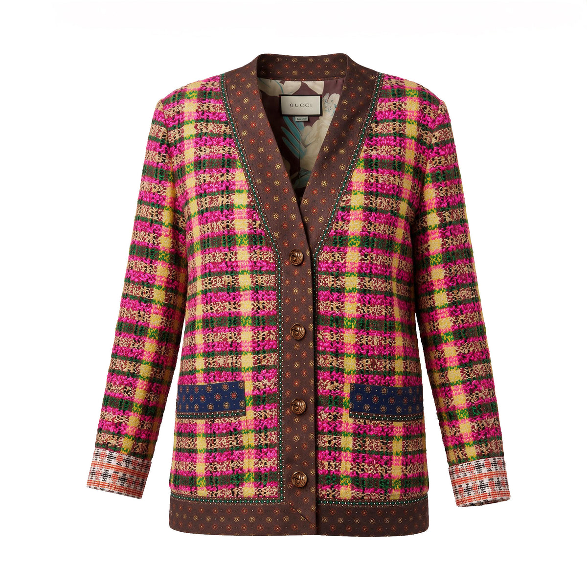 GUCCI MULTI-COLOUR TWEED JACKET WITH GOLD BUTTONS AND FLORAL LINING - SIZE M