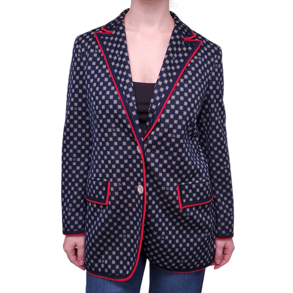 GUCCI NAVY AND RED PATTERNED BLAZER  WITH GG LOGO - SIZE 44