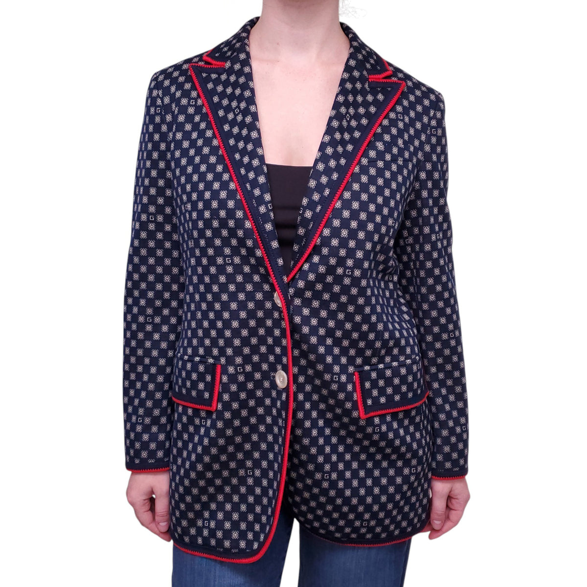 GUCCI NAVY AND RED PATTERNED BLAZER  WITH GG LOGO - SIZE 44