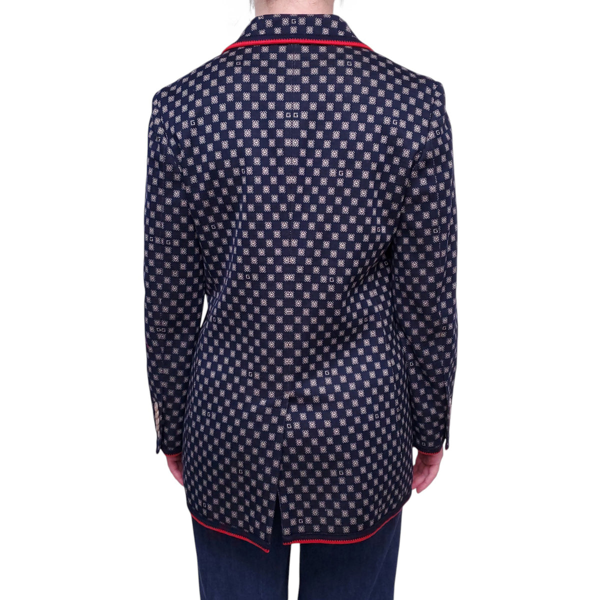 GUCCI NAVY AND RED PATTERNED BLAZER  WITH GG LOGO - SIZE 44