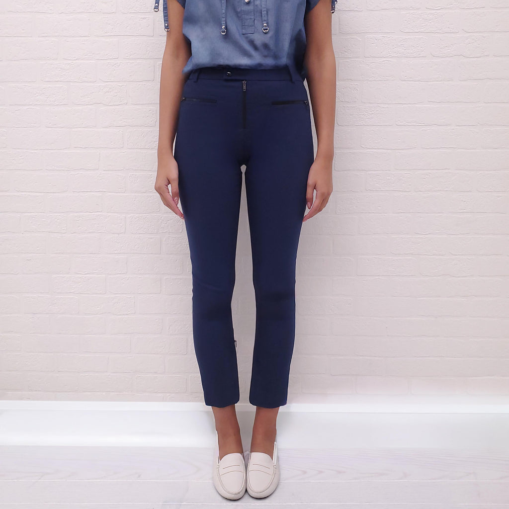 GUCCI NAVY TROUSERS WITH LOGO AND ZIPPER DETAIL - SIZE 38