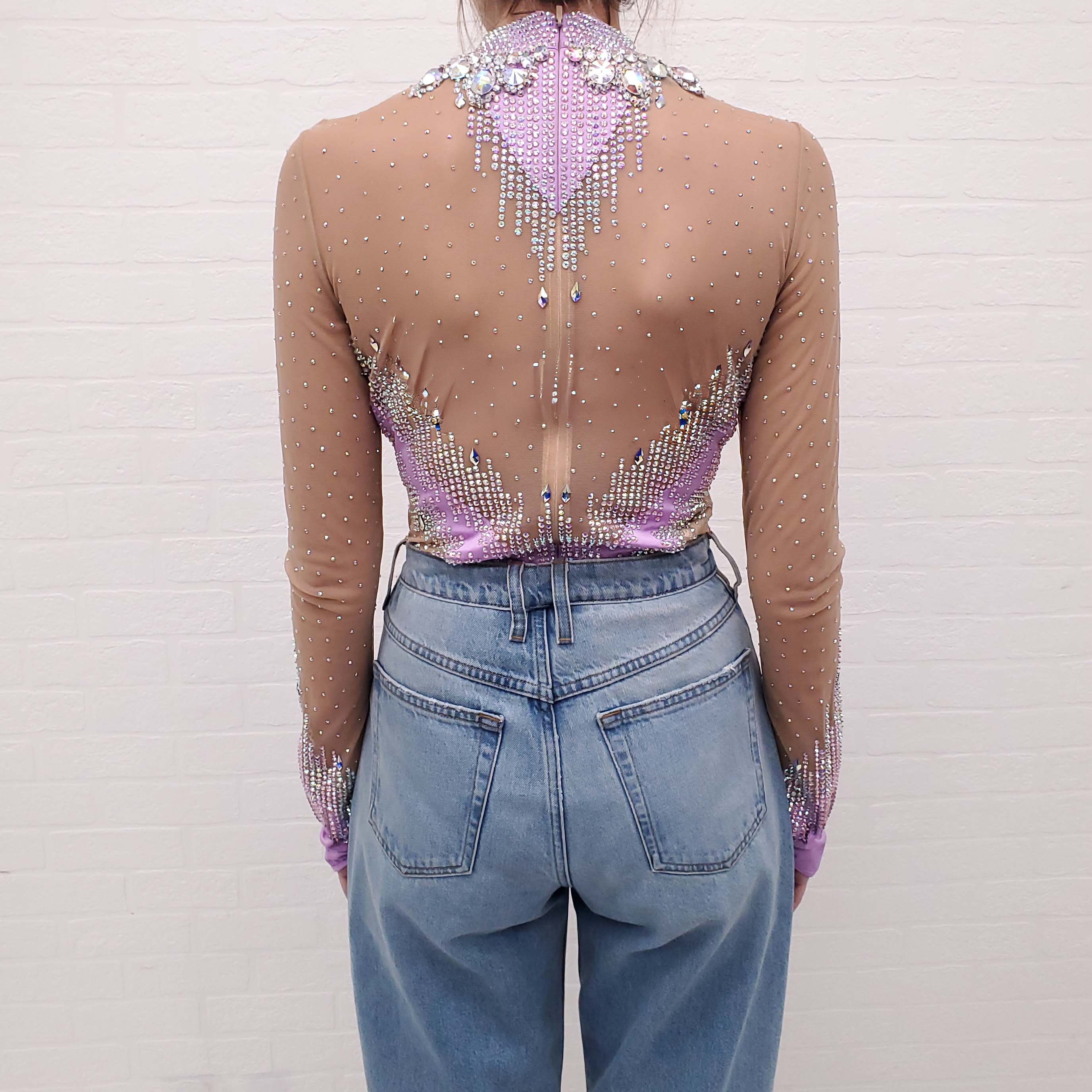 GUCCI PURPLE CRYSTAL AND MESH BODYSUIT - SIZE 46