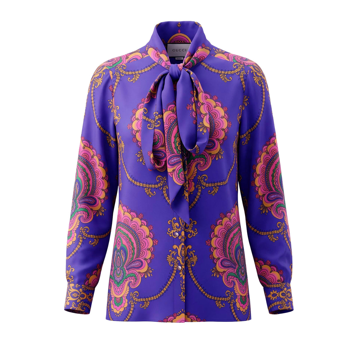 GUCCI PURPLE PAISLEY SILK TIE BLOUSE WITH PEARL LOGO BUTTONS - SIZE 44