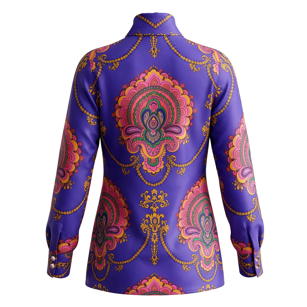 GUCCI PURPLE PAISLEY SILK TIE BLOUSE WITH PEARL LOGO BUTTONS - SIZE 44