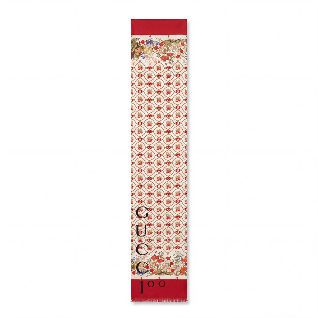 GUCCI RED AND CREAM FABRIC SILK PATTERNED GARDEN SCARF HISTORIC