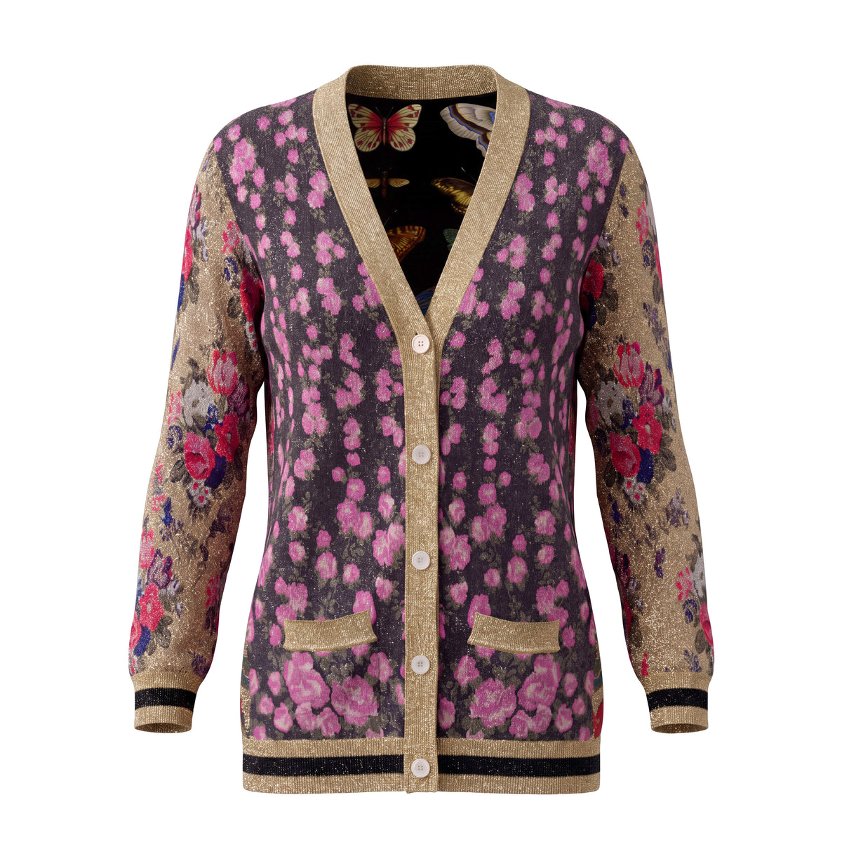 GUCCI REVERSIBLE FLORAL METALLIC CARDIGAN WITH BUTTERFLY LINING - SIZE M
