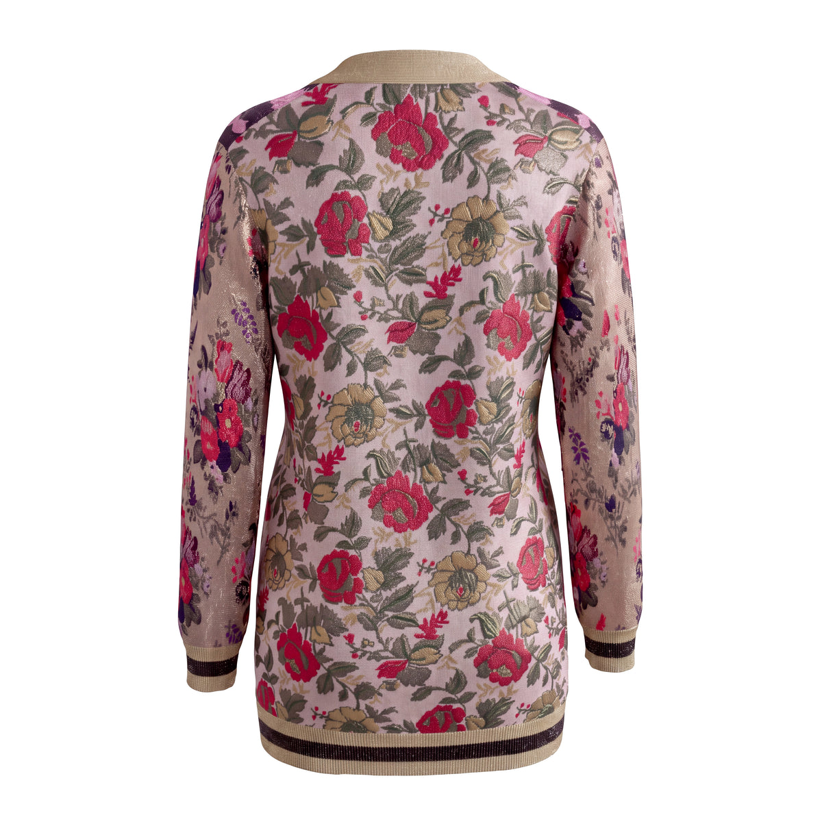 GUCCI REVERSIBLE FLORAL METALLIC CARDIGAN WITH BUTTERFLY LINING - SIZE M