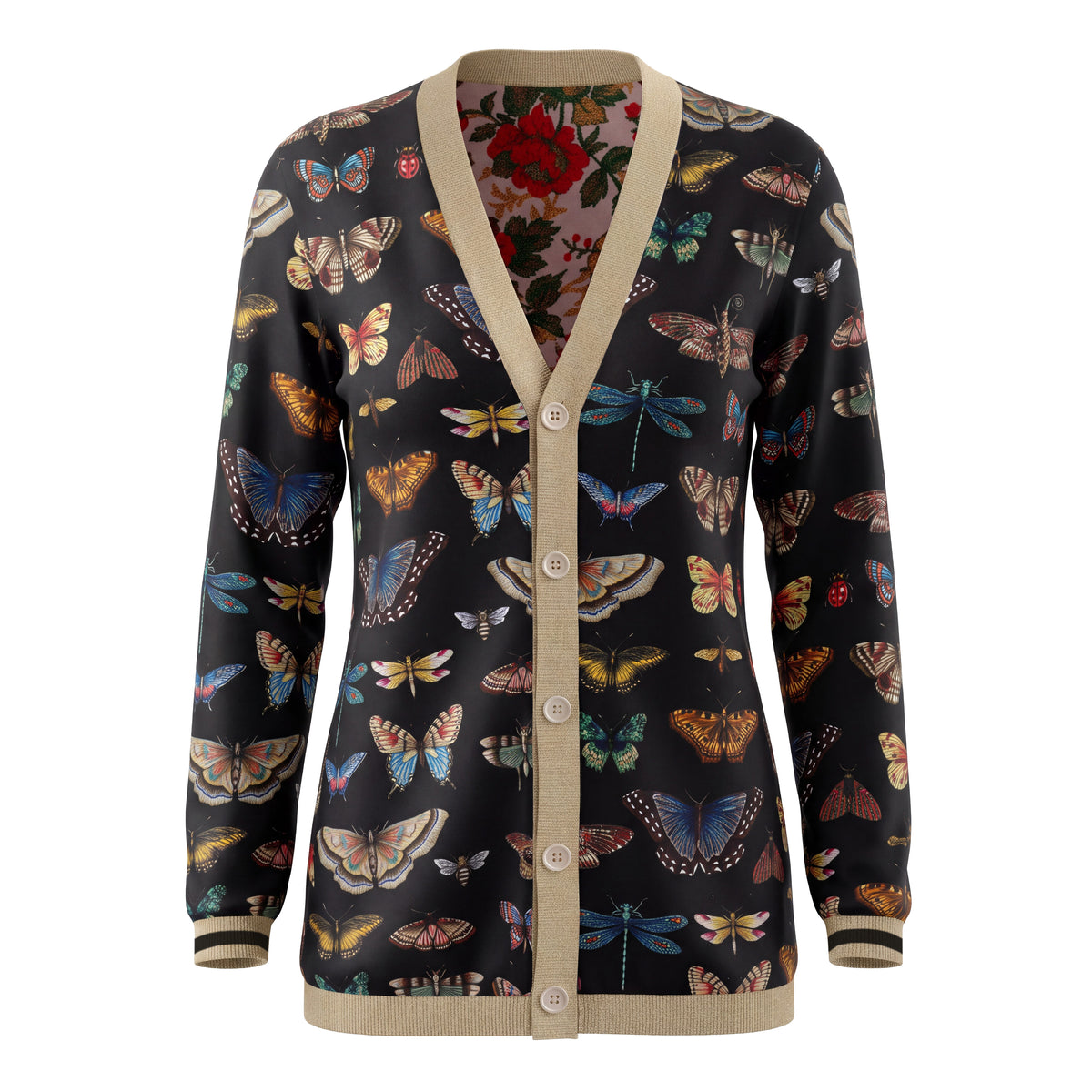GUCCI REVERSIBLE FLORAL METALLIC CARDIGAN WITH BUTTERFLY LINING - SIZE M