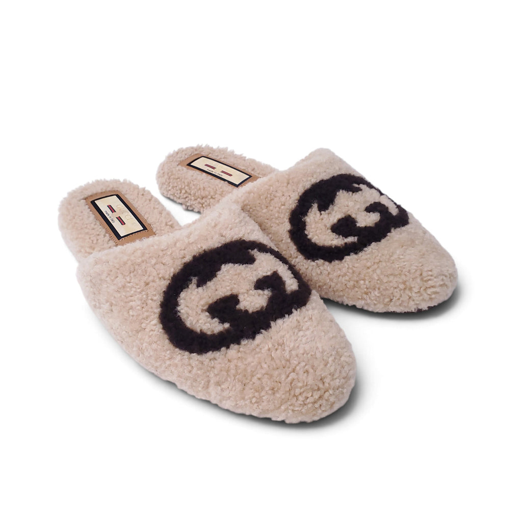 GUCCI SHEARLING MULES WITH LOGO - SIZE 39