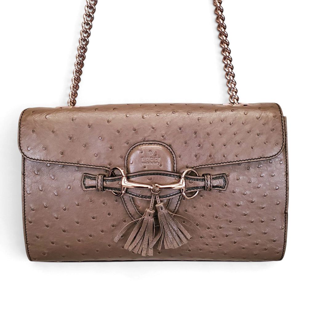 GUCCI TAUPE EMILY OSTRICH CHAIN SHOULDER BAG