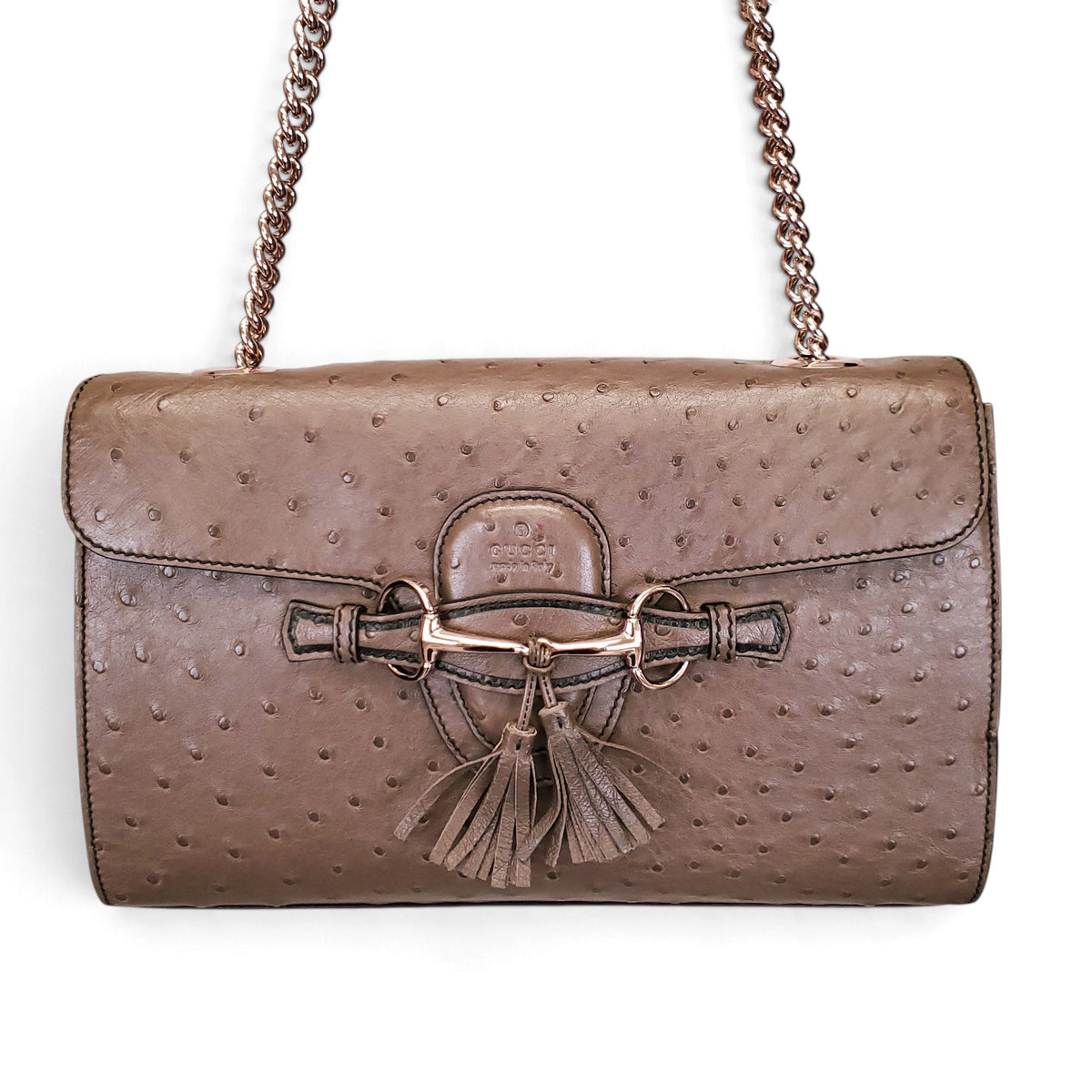 GUCCI TAUPE EMILY OSTRICH CHAIN SHOULDER BAG