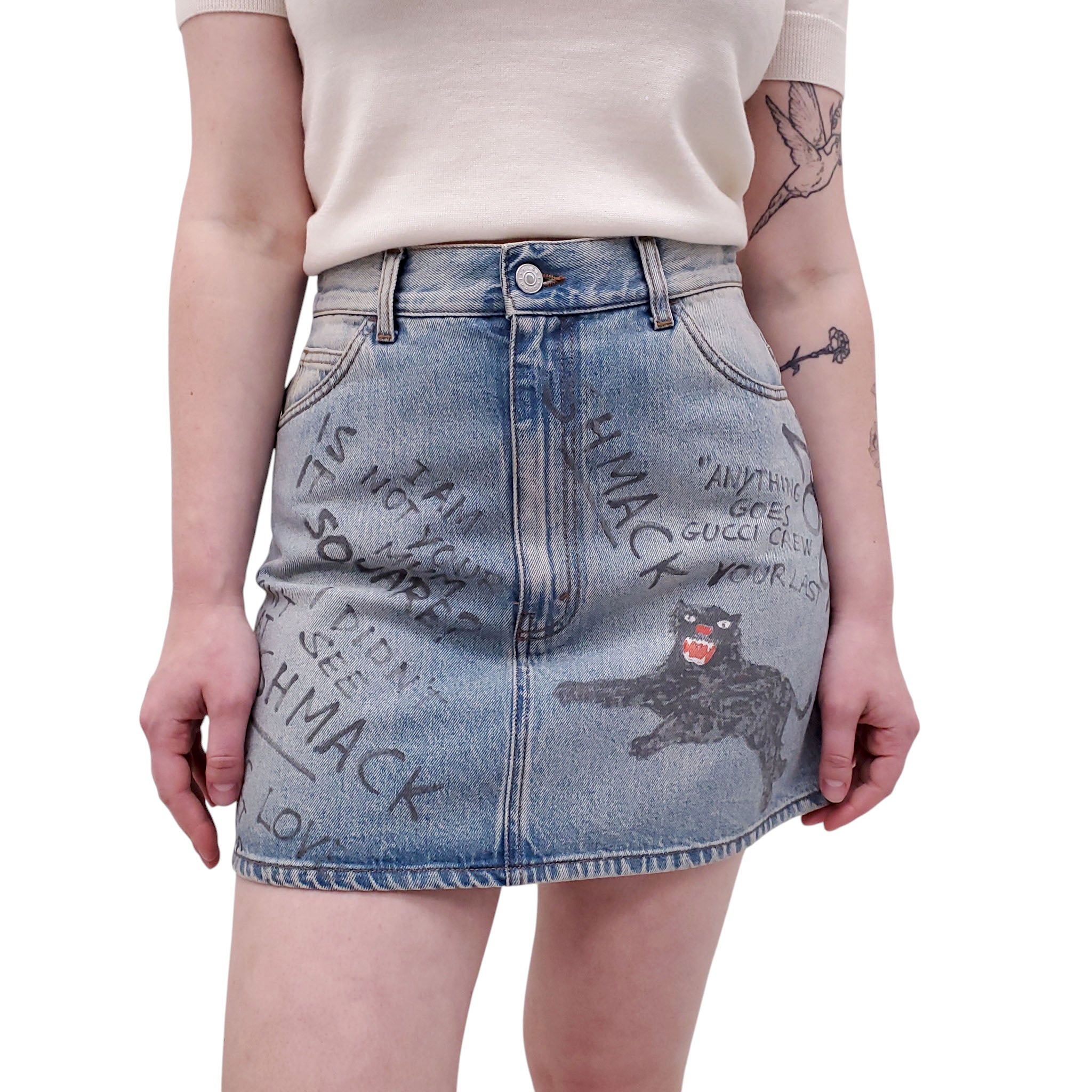 GUCCI TIGER PRINTED DENIM SKIRT - SIZE 42