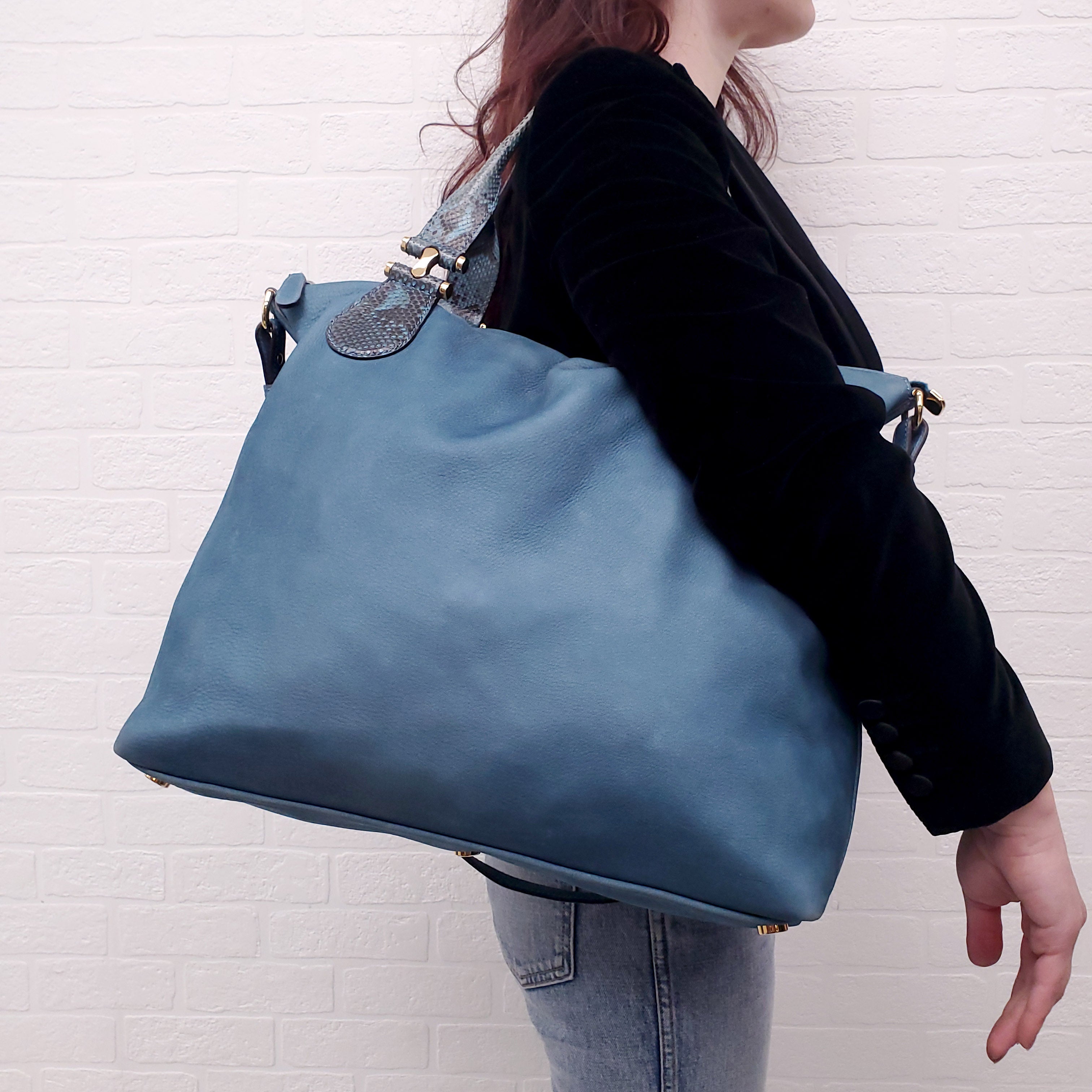 GUCCI TWICE SUEDE AND PYTHON LEATHER TOTE