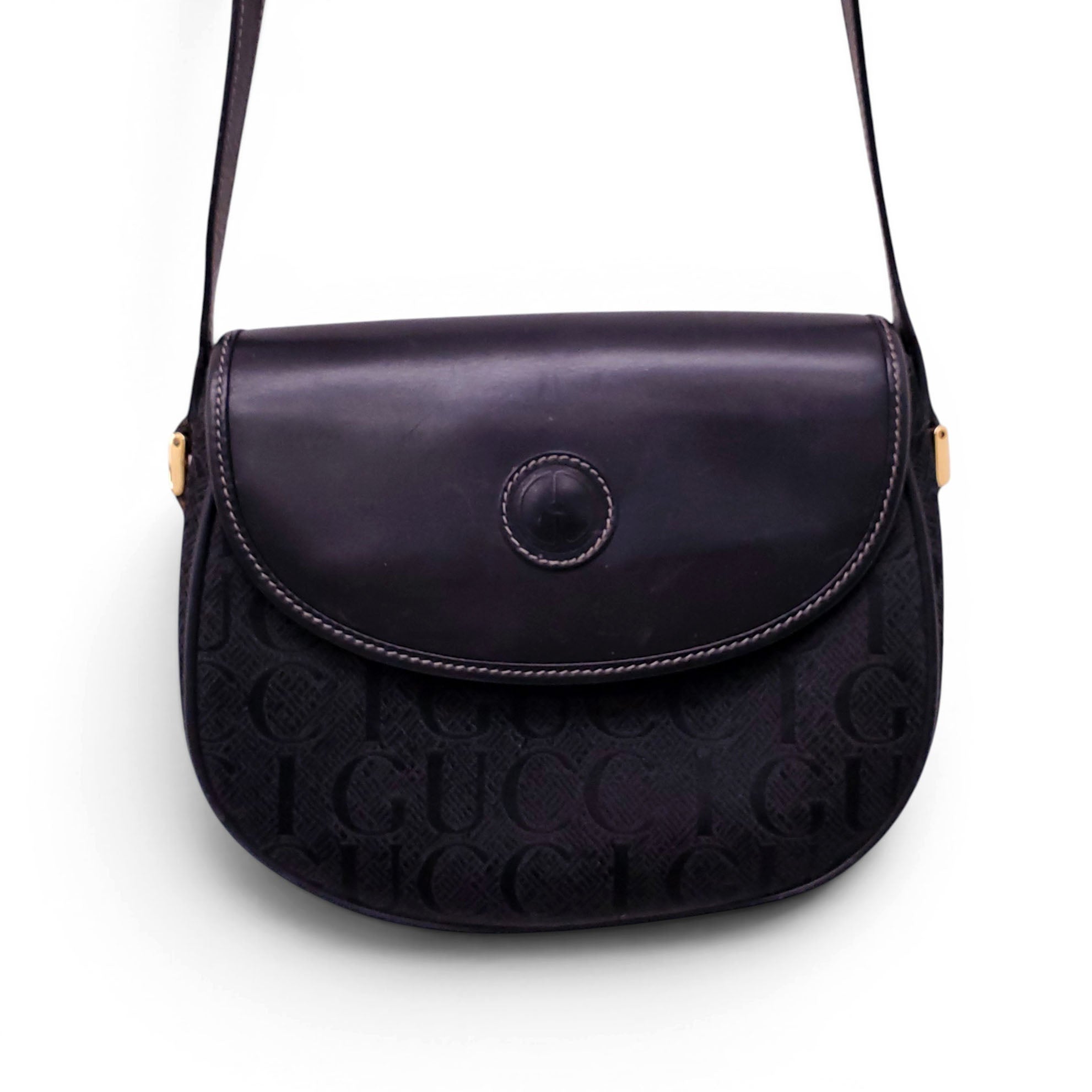 GUCCI VINTAGE LEATHER AND MONOGRAM PATTERN CROSSBODY BAG