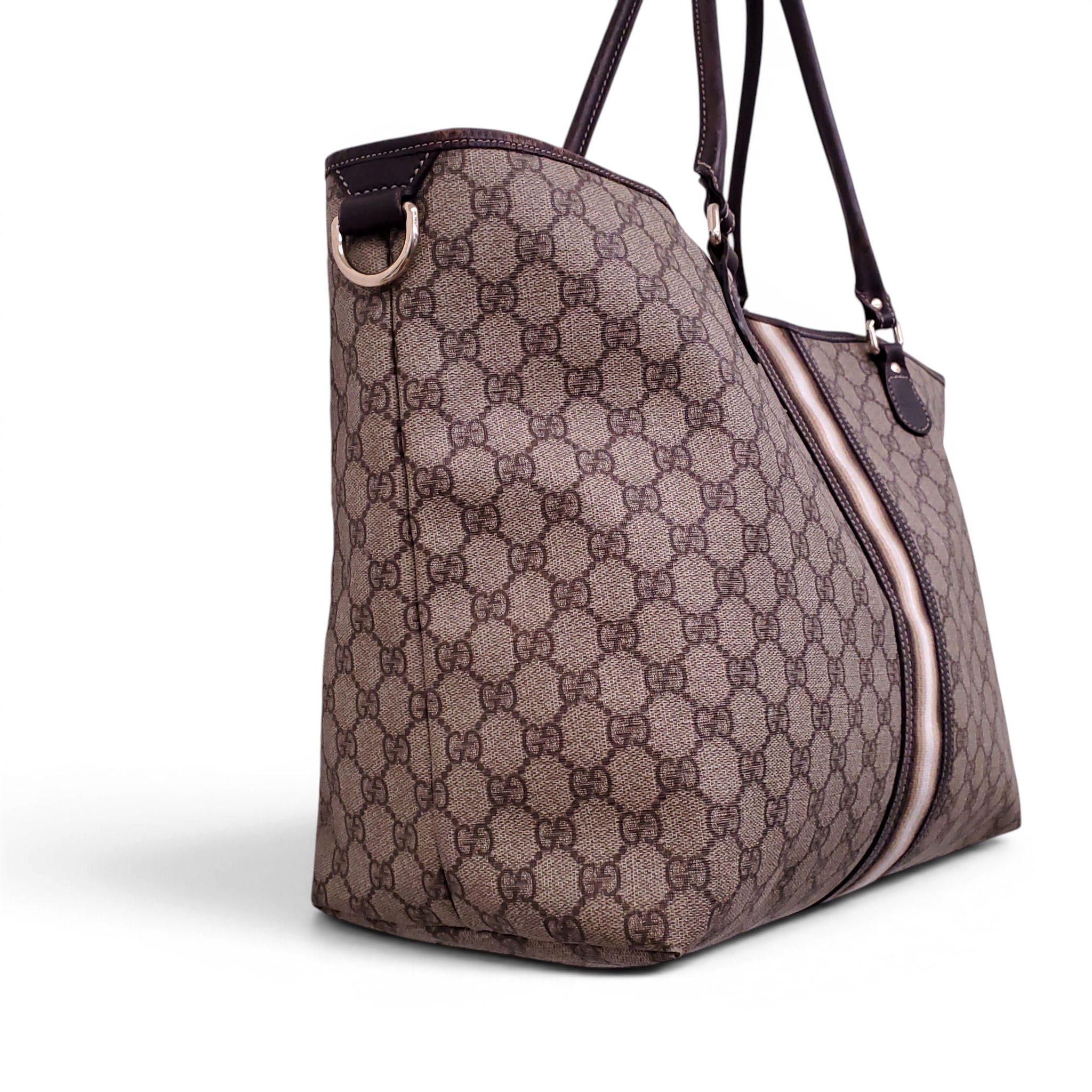 GUCCI VINTAGE MONOGRAM TOTE BAG WITH RIBBON STRIPE DETAIL