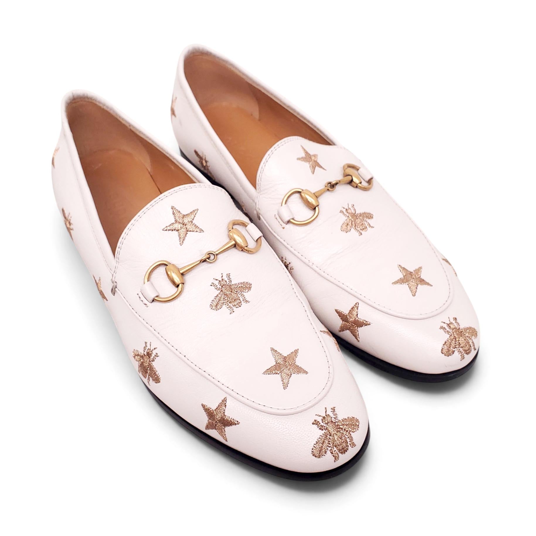GUCCI WHITE BEE EMBELLISHED JORDAAN LOAFERS - SIZE 37.5
