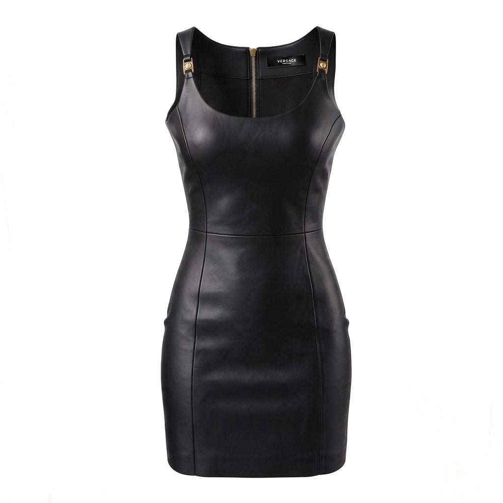 VERSACE BLACK LEATHER DRESS WITH GOLD MEDUSA STRAP DETAIL - SIZE 40