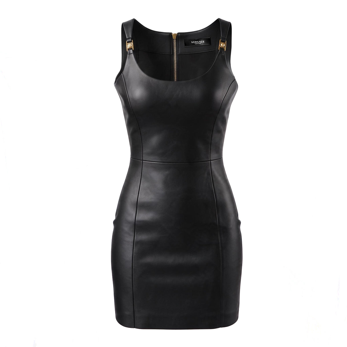 VERSACE BLACK LEATHER DRESS WITH GOLD MEDUSA STRAP DETAIL - SIZE 40