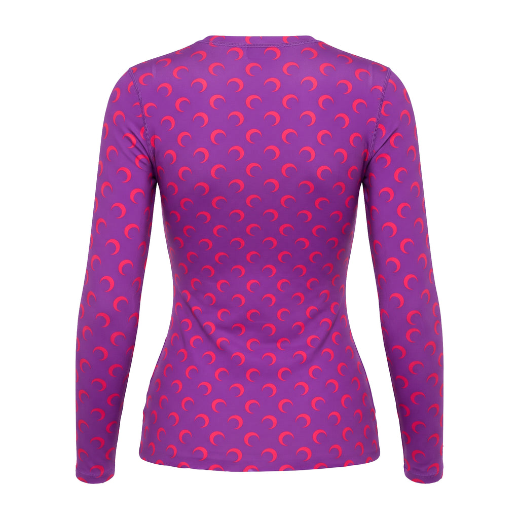 MARINE SERRE MOON PRINTED JERSEY SECOND SKIN CREW NECK TOP IN PURPLE - SIZE M