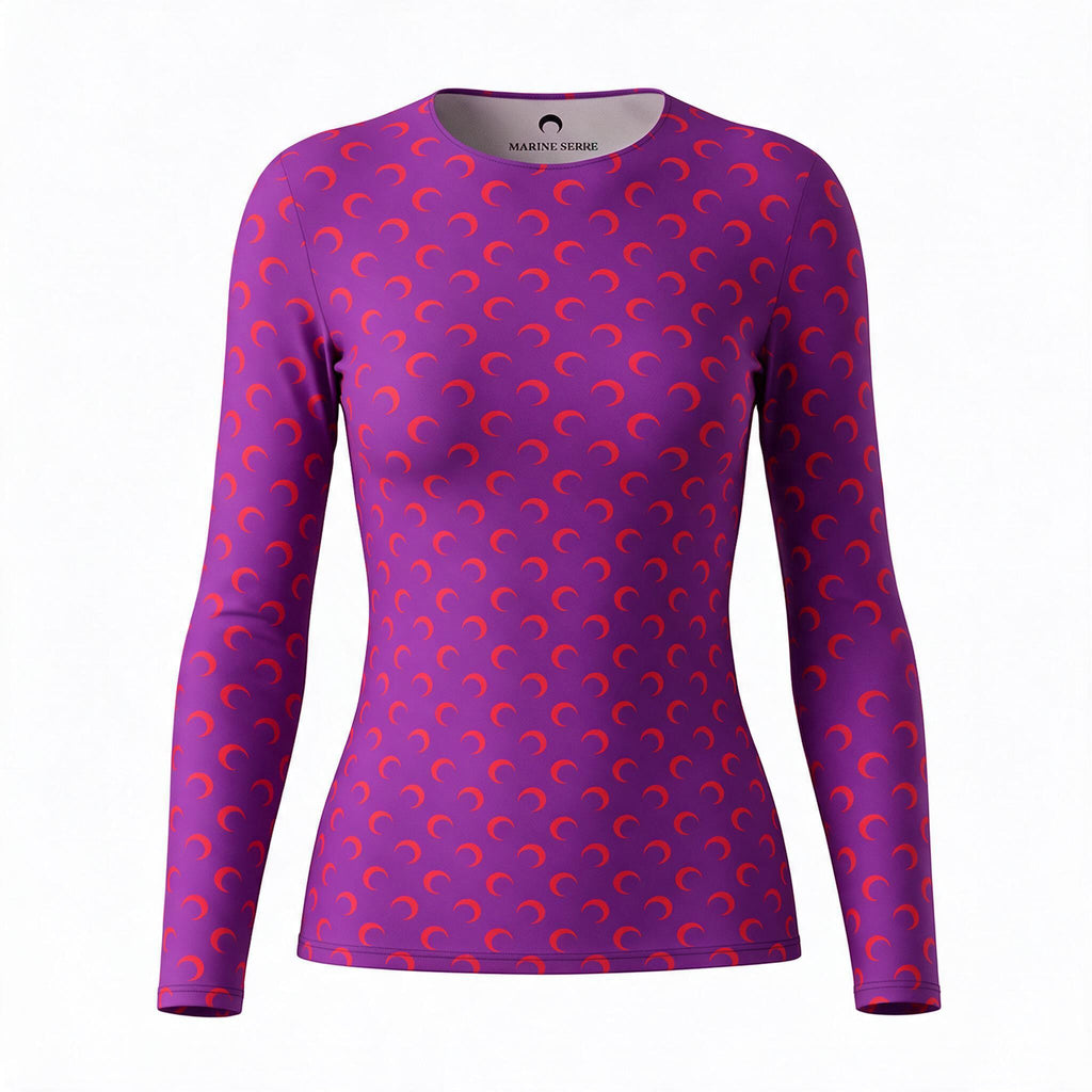 MARINE SERRE MOON PRINTED JERSEY SECOND SKIN CREW NECK TOP IN PURPLE - SIZE M