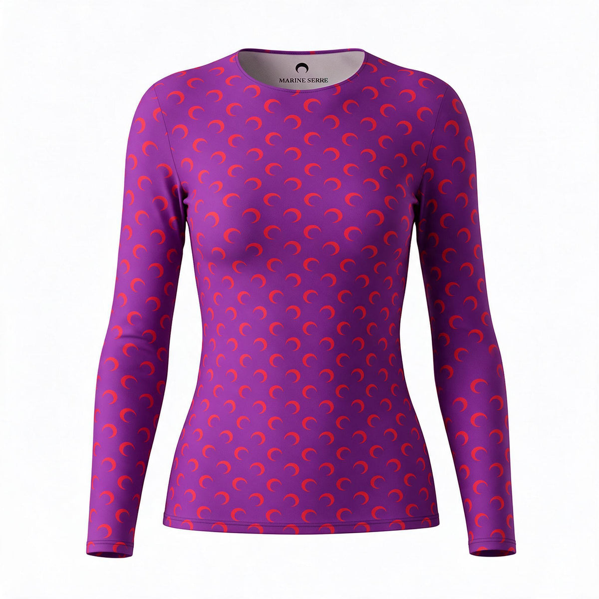 MARINE SERRE MOON PRINTED JERSEY SECOND SKIN CREW NECK TOP IN PURPLE - SIZE M