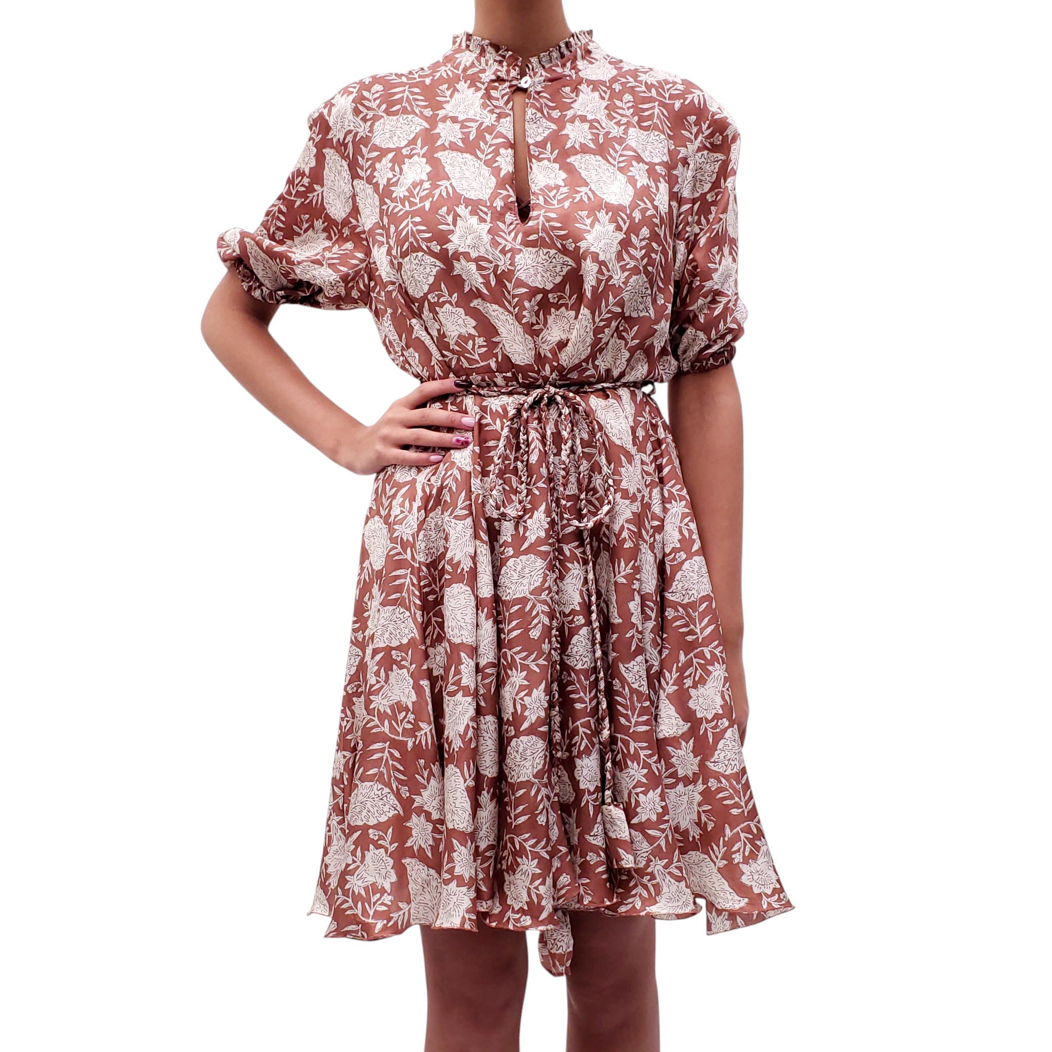 HANNAH BROWN PATTERNED WRAP DRESS - SIZE M (2)