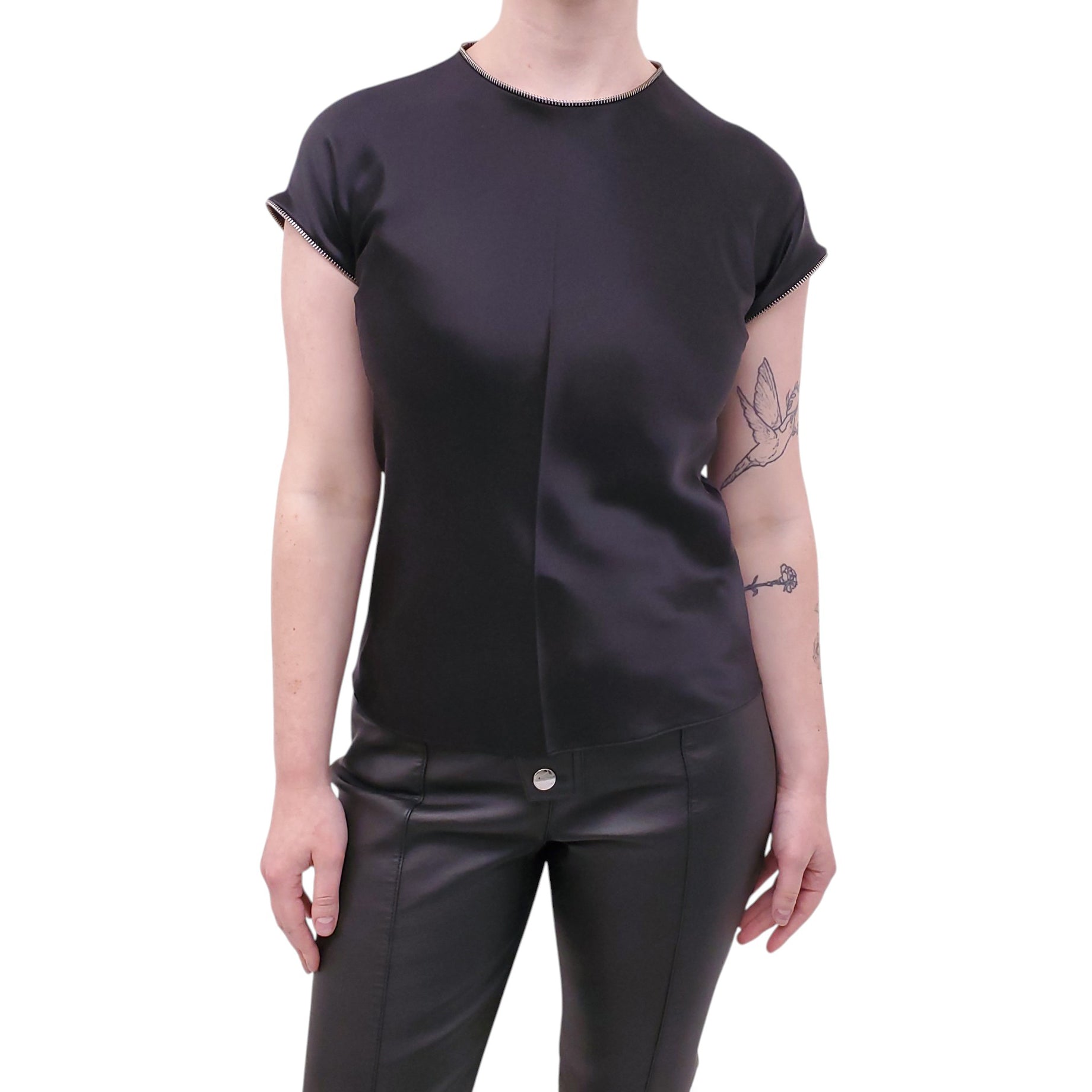 HELMUT LANG BLACK SATIN TOP WITH ZIPPER DETAIL - SIZE S