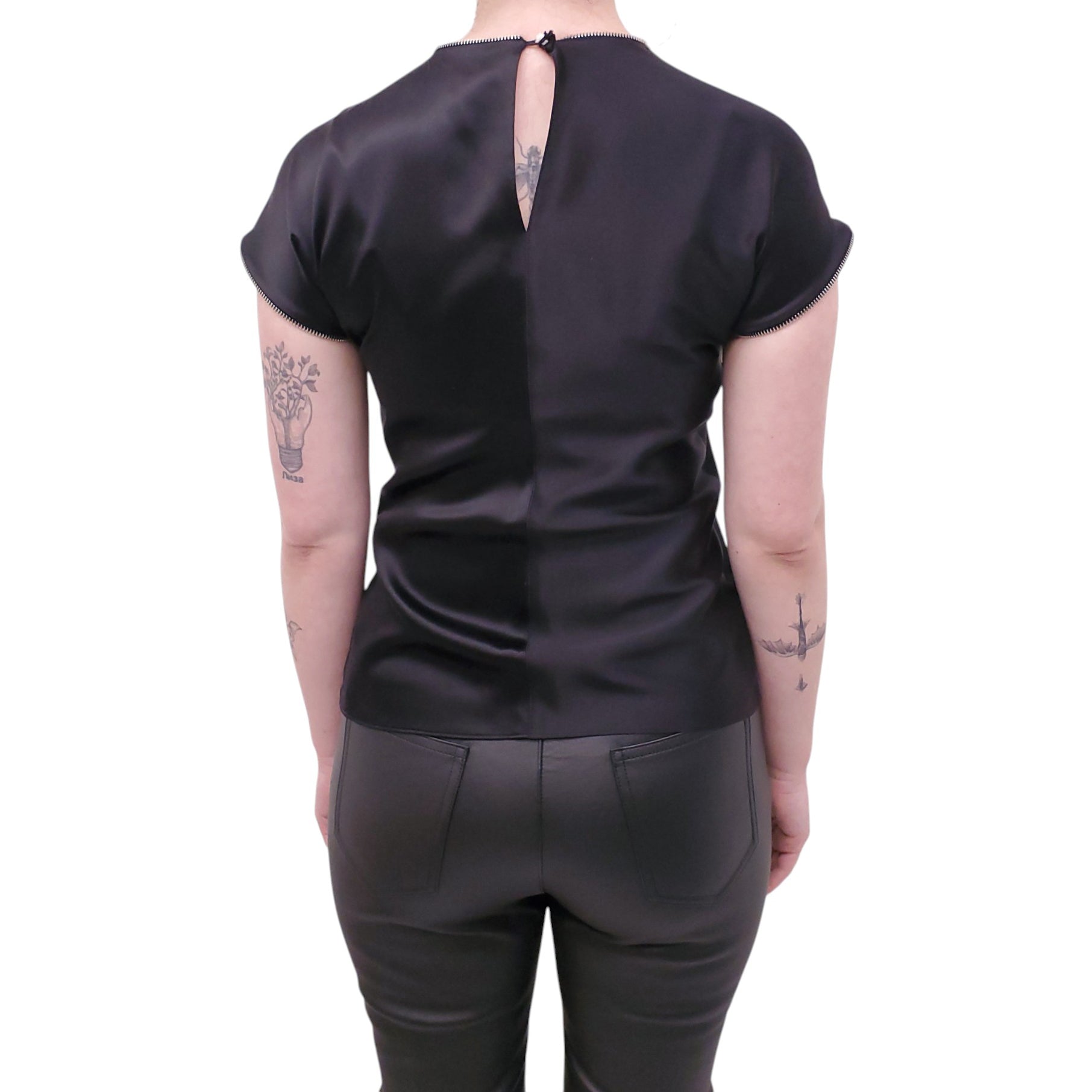 HELMUT LANG BLACK SATIN TOP WITH ZIPPER DETAIL - SIZE S