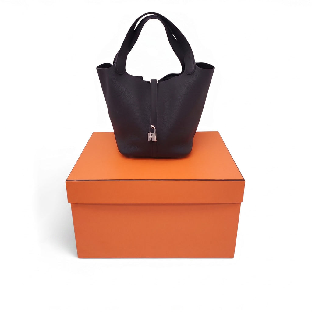 HERMÈS BLACK PICOTIN 18 CLEMENCE BAG WITH PALLADIUM HARDWARE