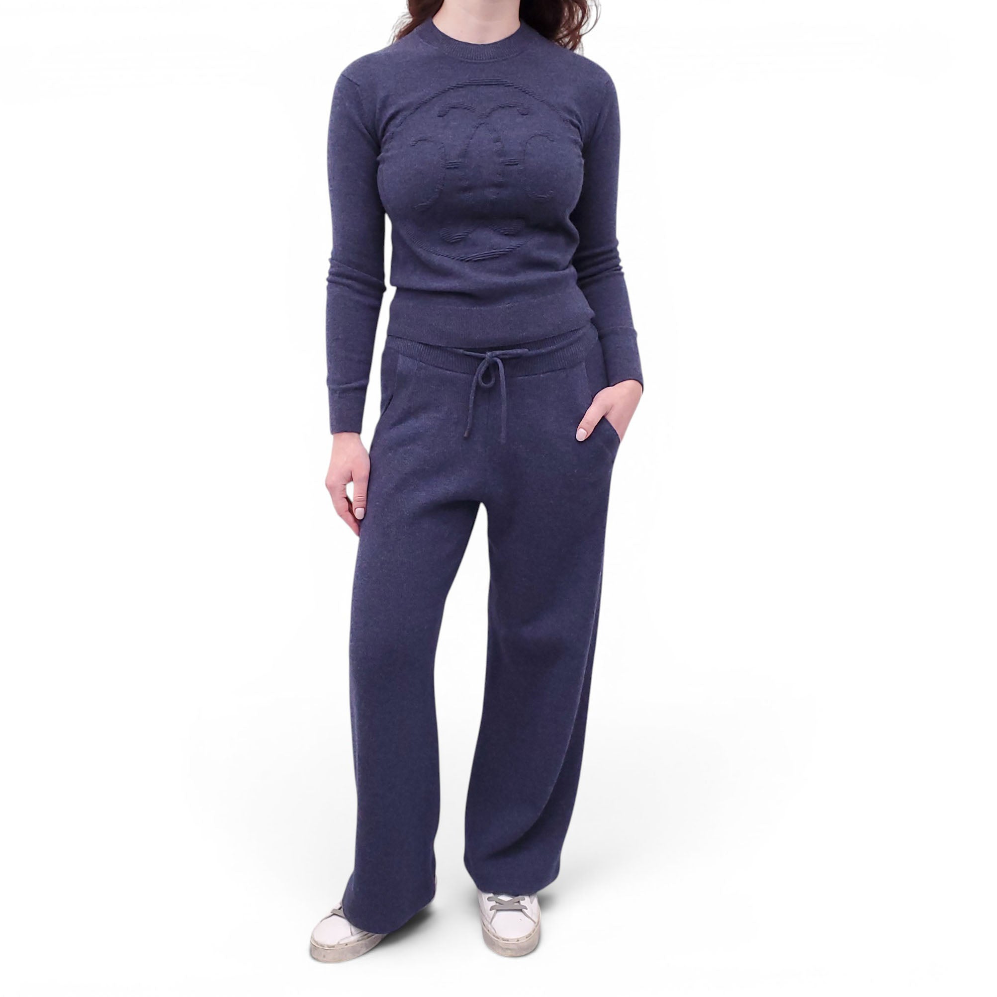 HERMÈS BLUE CASHMERE LOGO SET - SIZE 36