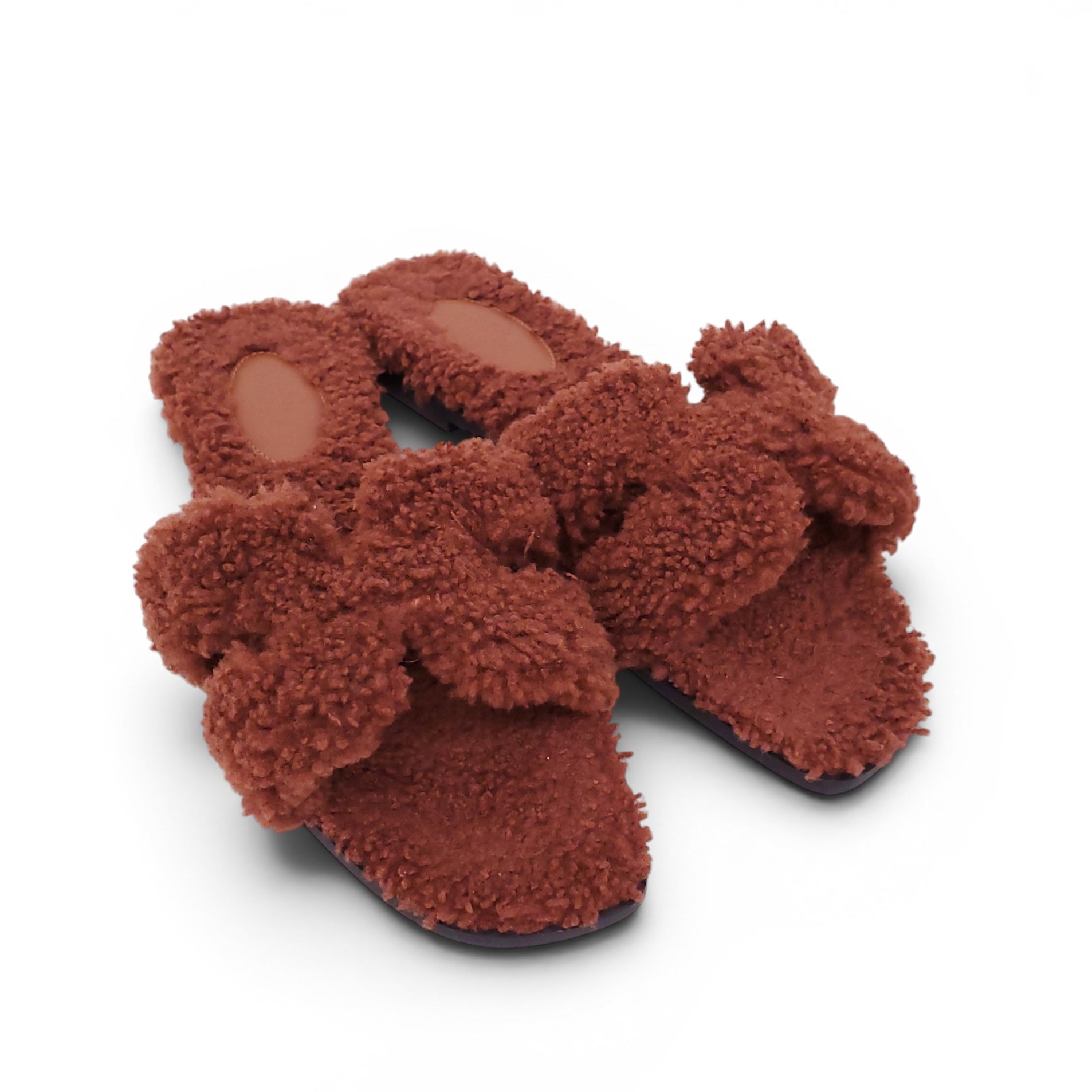 HERMÈS BROWN SHEARLING ORAN SANDALS - SIZE 38.5