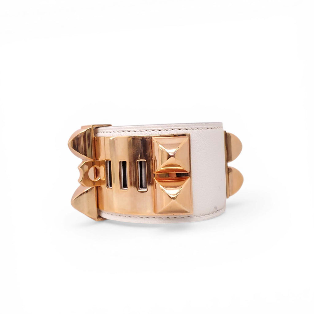 HERMÈS CREAM LEATHER AND ROSE GOLD COLLIER DE CHIEN BRACELET - SIZE T3/M
