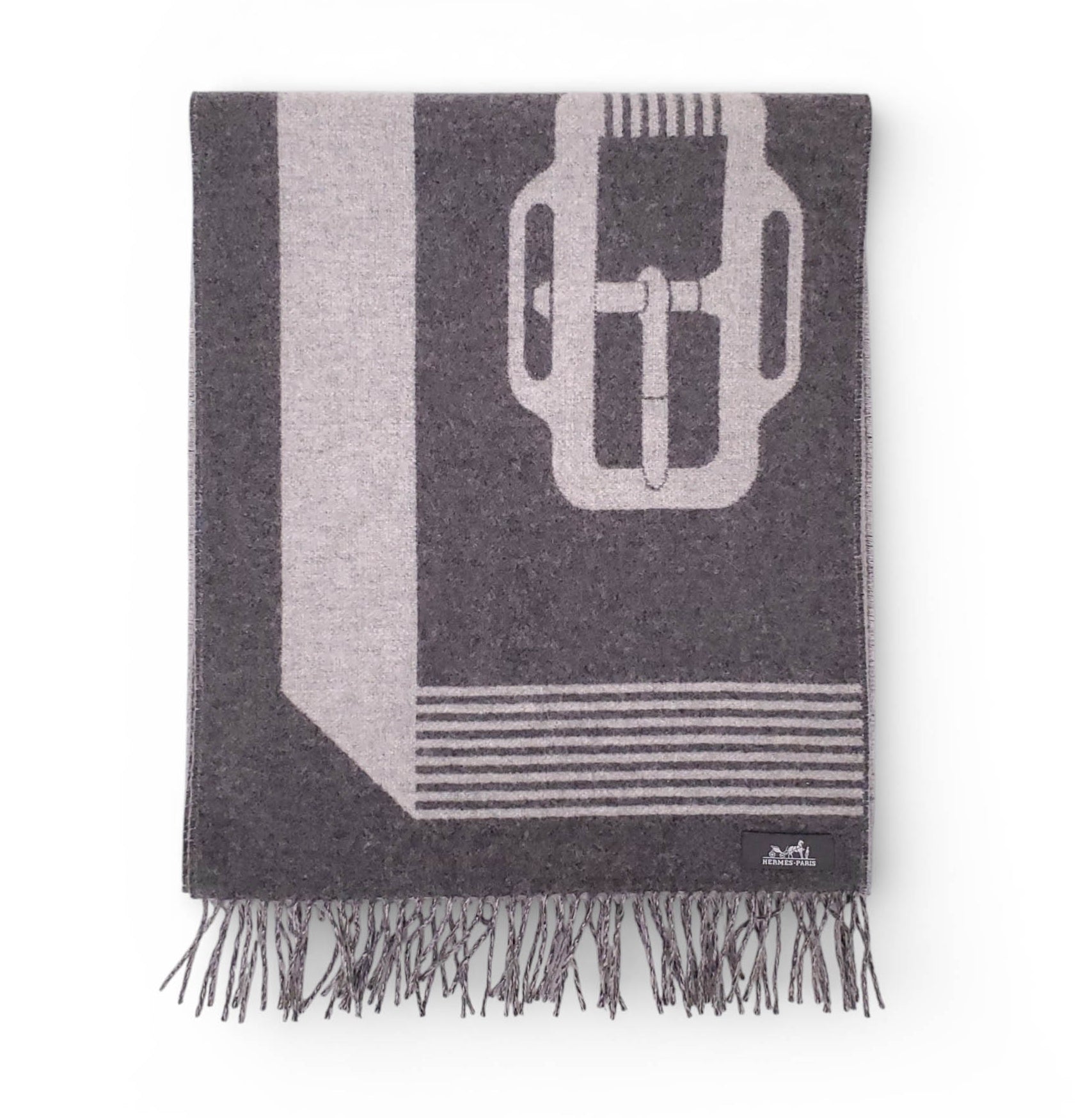 HERMÈS GREY DOUBLE SIDED BELT PRINT CASHMERE SCARF