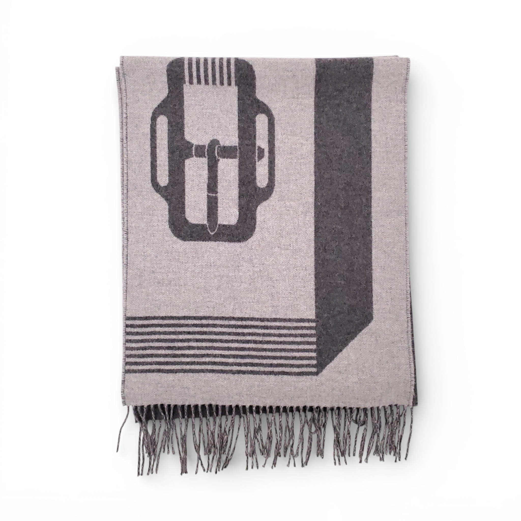 HERMÈS GREY DOUBLE SIDED BELT PRINT CASHMERE SCARF
