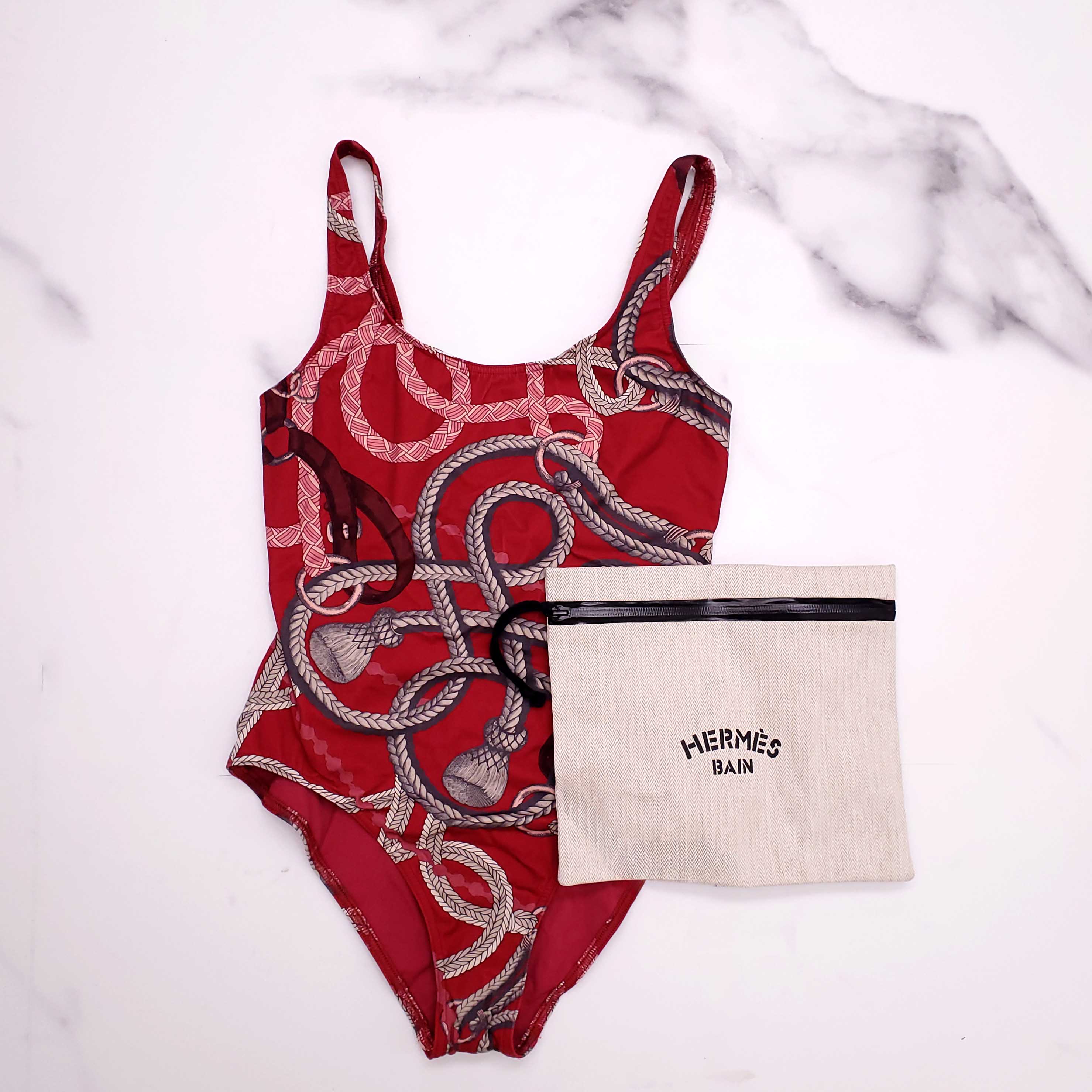 HERMÈS RED PATTERNED SWIMSUIT - SIZE 38