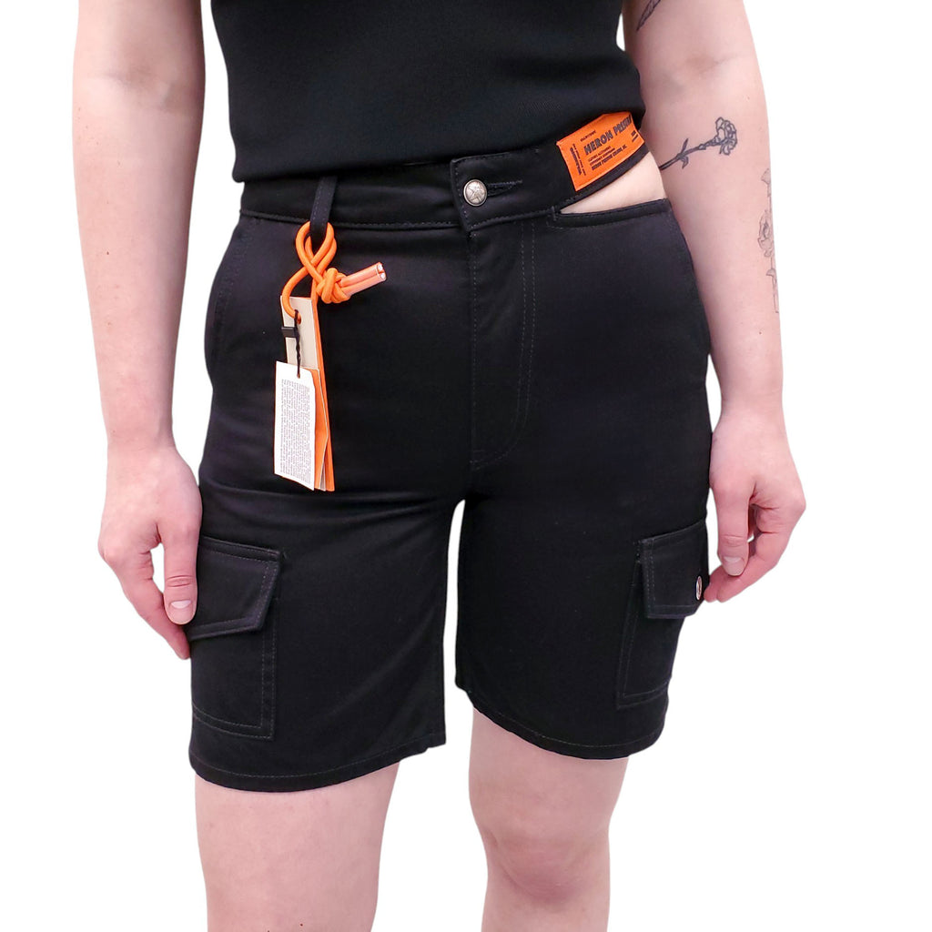 HERON PRESTON BLACK LOGO CUT OUT CARGO SHORTS - SIZE XS