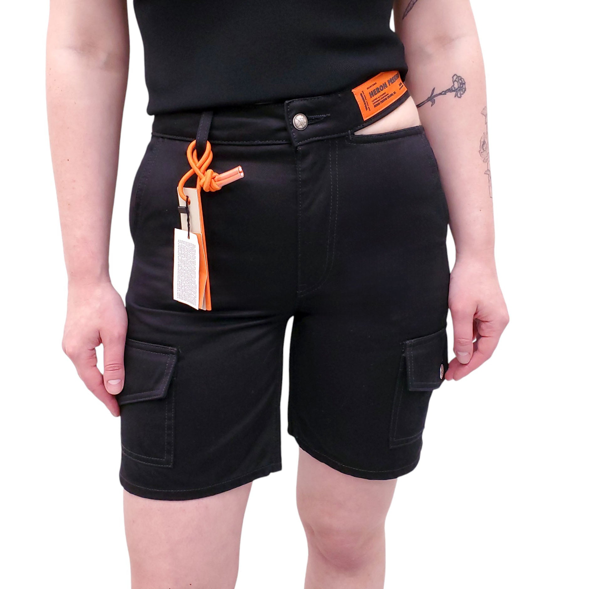 HERON PRESTON BLACK LOGO CUT OUT CARGO SHORTS - SIZE XS