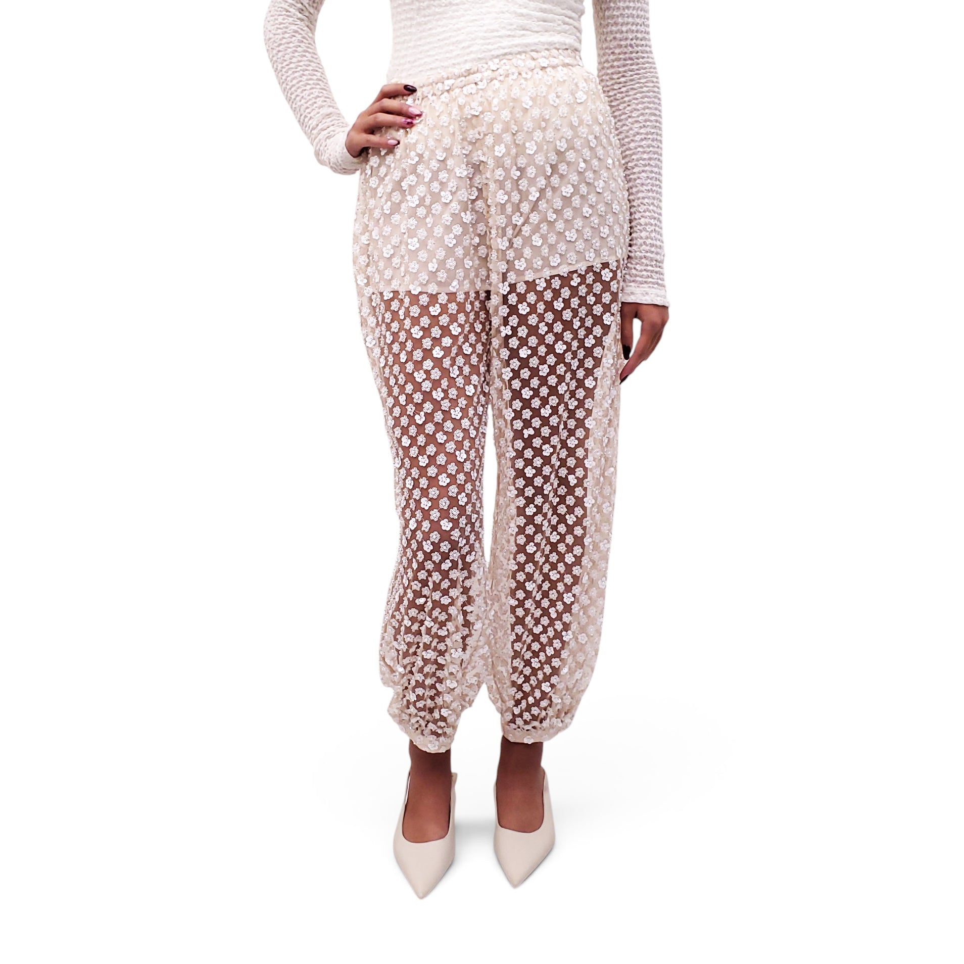 HERSKIND SEQUIN EMBELLISHED FLORAL PATCHWORK TROUSERS - SIZE 32/00